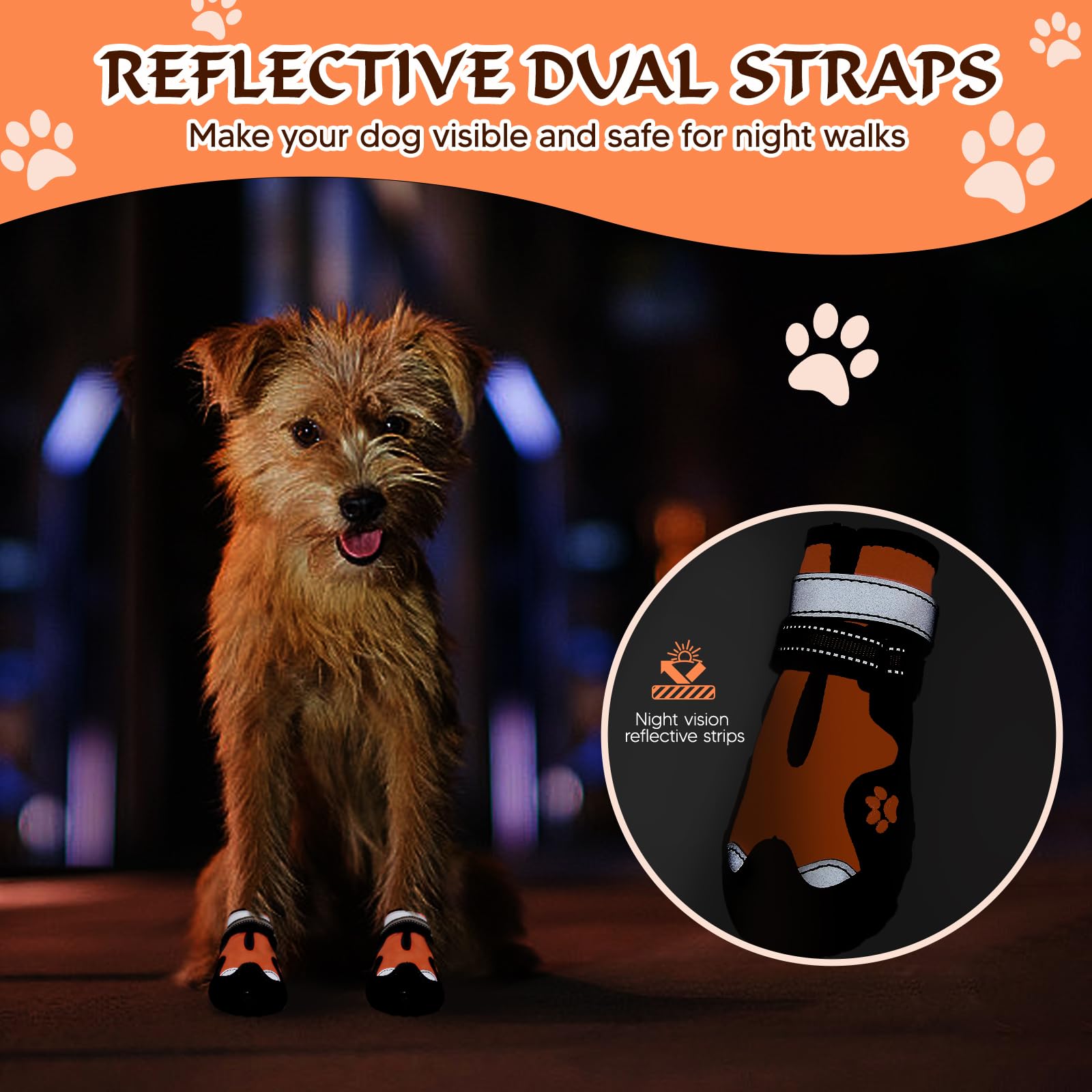 FISHOAKY Waterproof Dog Boots for Medium Dogs - Anti Slip Paw Protectors for Winter Snow & Hot Summer Pavement - 4 Pack Orange Dog Shoes Size 5 - Perfect for Walking, Hiking & Outdoor Adventures