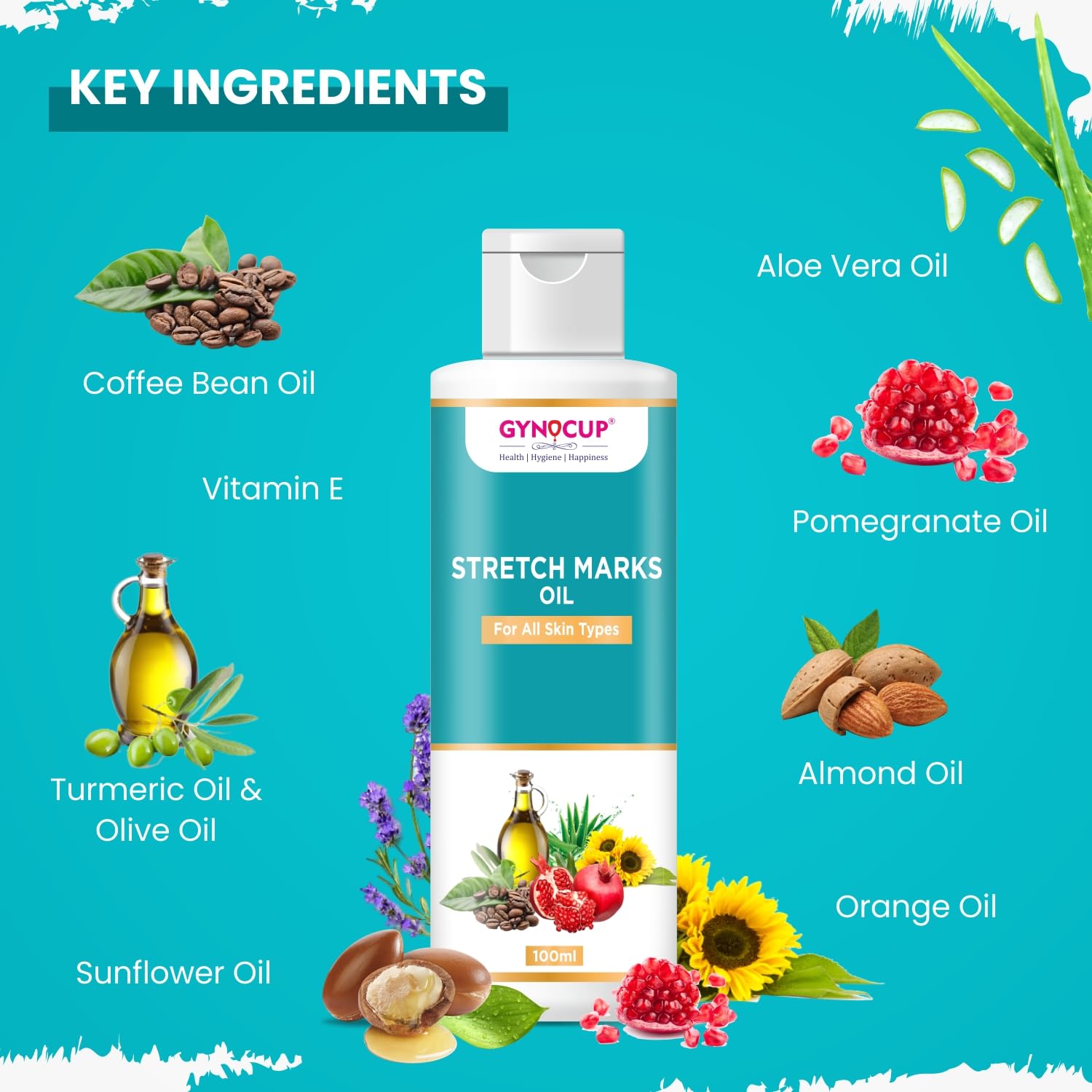 GYNOCUP Stretch Marks Removal Oil 100ml - Natural Pomegranate, Sunflower, Olive & Turmeric Oil for Pregnancy & Postpartum Care | Minimizes Stretch Marks, Improves Skin Elasticity & Scar Removal | Safe, Toxin-Free Body Oil for Expecting Mothers | Perfect for Daily Skincare Routine & Postpartum Recovery