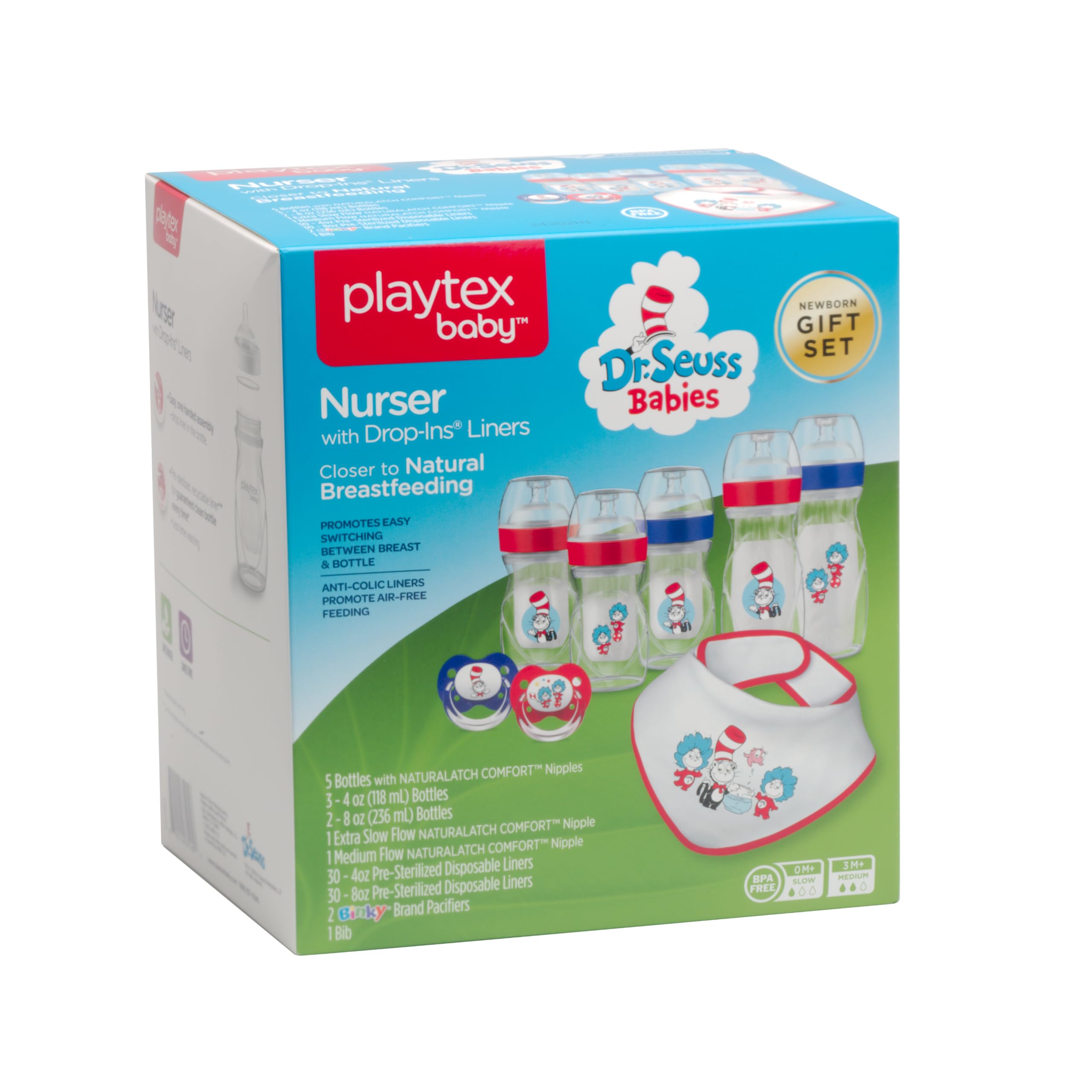 Playtex Baby Dr. Seuss Gift Set - 2 Pacifiers, 3X 4oz & 2X 8oz Baby Bottles, 1 Cloth Bib, 2 Extra Nipples, 60 Disposable Drop-Ins Liners | Newborn Essentials for Feeding & Soothing | Perfect Baby Shower Gift & Travel Set