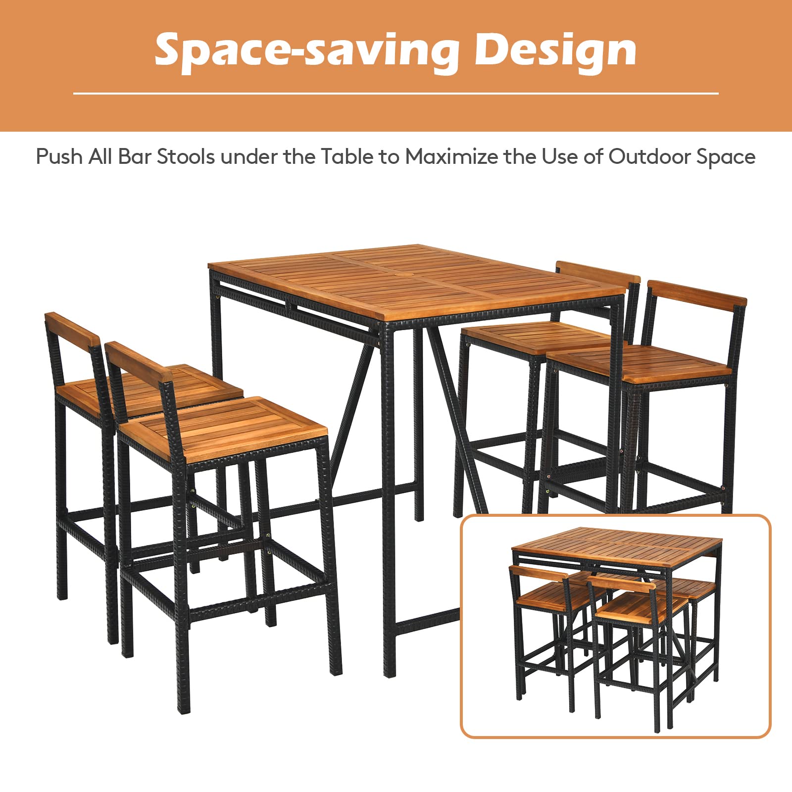 Tangkula 5-Piece Acacia Wood Outdoor Bar Set with Umbrella Hole - Black Rectangular Bar Table & 4 Rattan Bar Stools for Patio, Garden, Backyard Dining & Entertaining