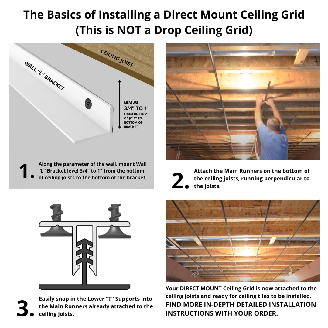 Direct-Mount Ceiling Grid Kit (250 sq ft, White) - Easy Drop Ceiling Installation for Home, Office & Basement Renovation