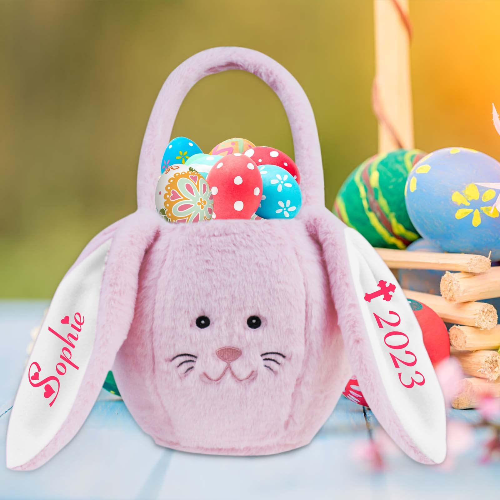 Personalized Bunny Easter Basket with Name - Custom Plush Easter Gift Basket with Handle for Kids, Girls, Baby & Toddler - Fluffy Pink Egg Bag for Easter Egg Hunt, Party Favors & Spring Celebrations