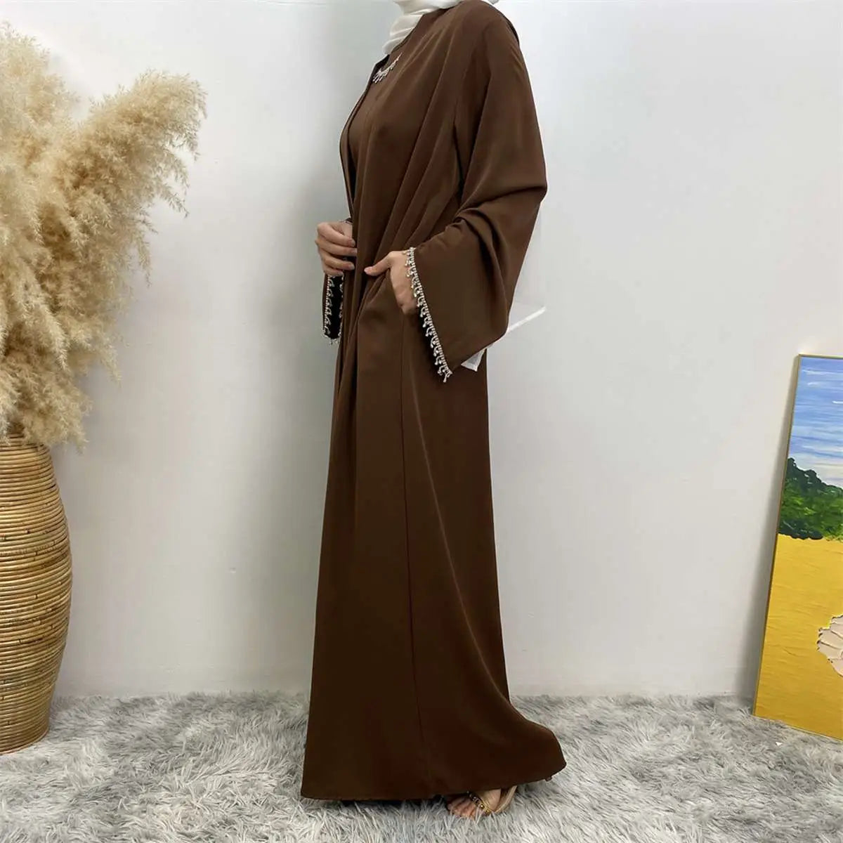2-Piece Rhinestone Open Abaya Dress Set with Inner Sleeveless Dress & Belt - Elegant Muslim Fashion for Weddings, Parties & Special Occasions