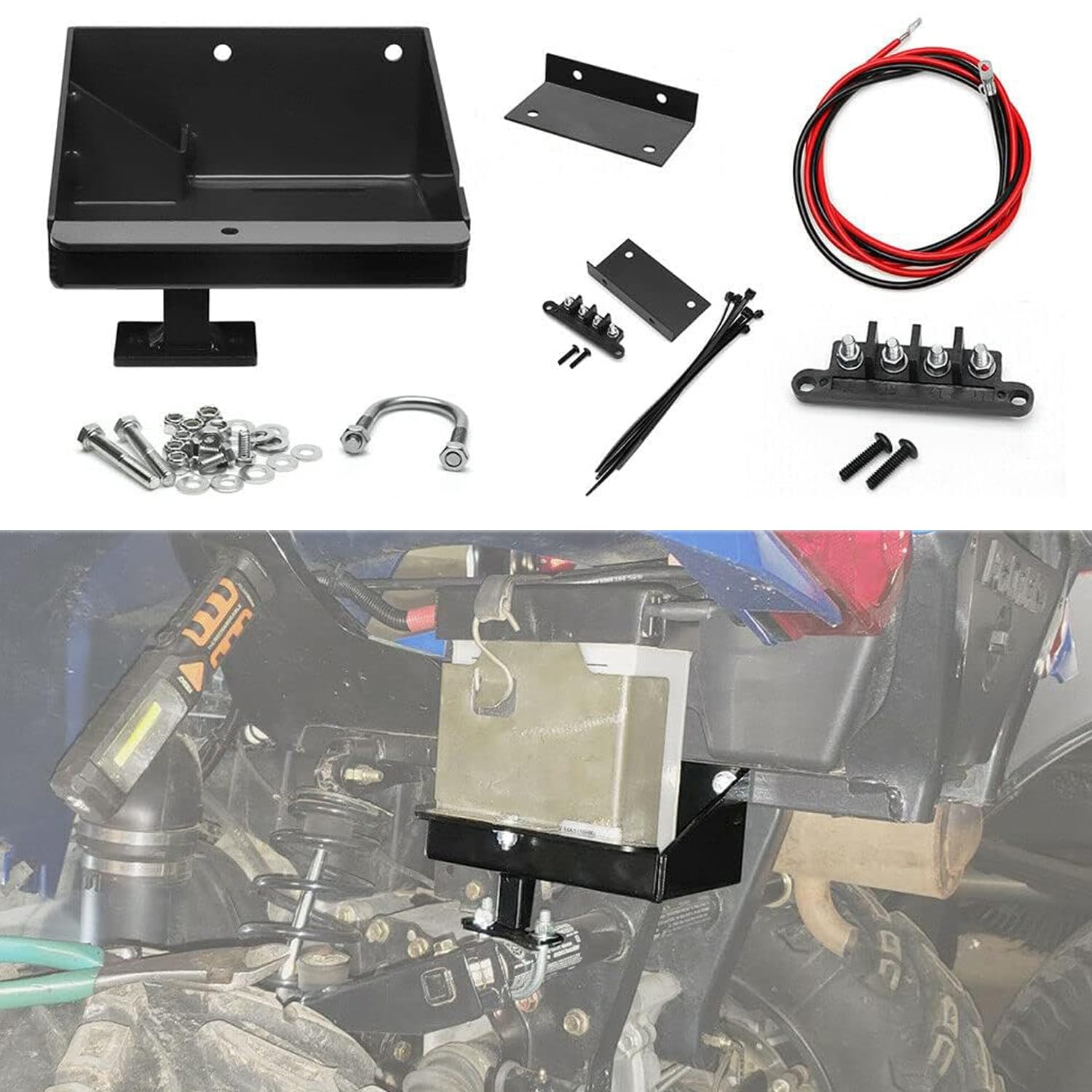 Canitu Black Battery Relocate Kit - Aluminum Battery Tray with Wires, Replacement Battery Box & Remote Terminals for Polaris Sportsman 450/570 (2014-2021) | Off-Road ATV & UTV Accessories for Enhanced Performance