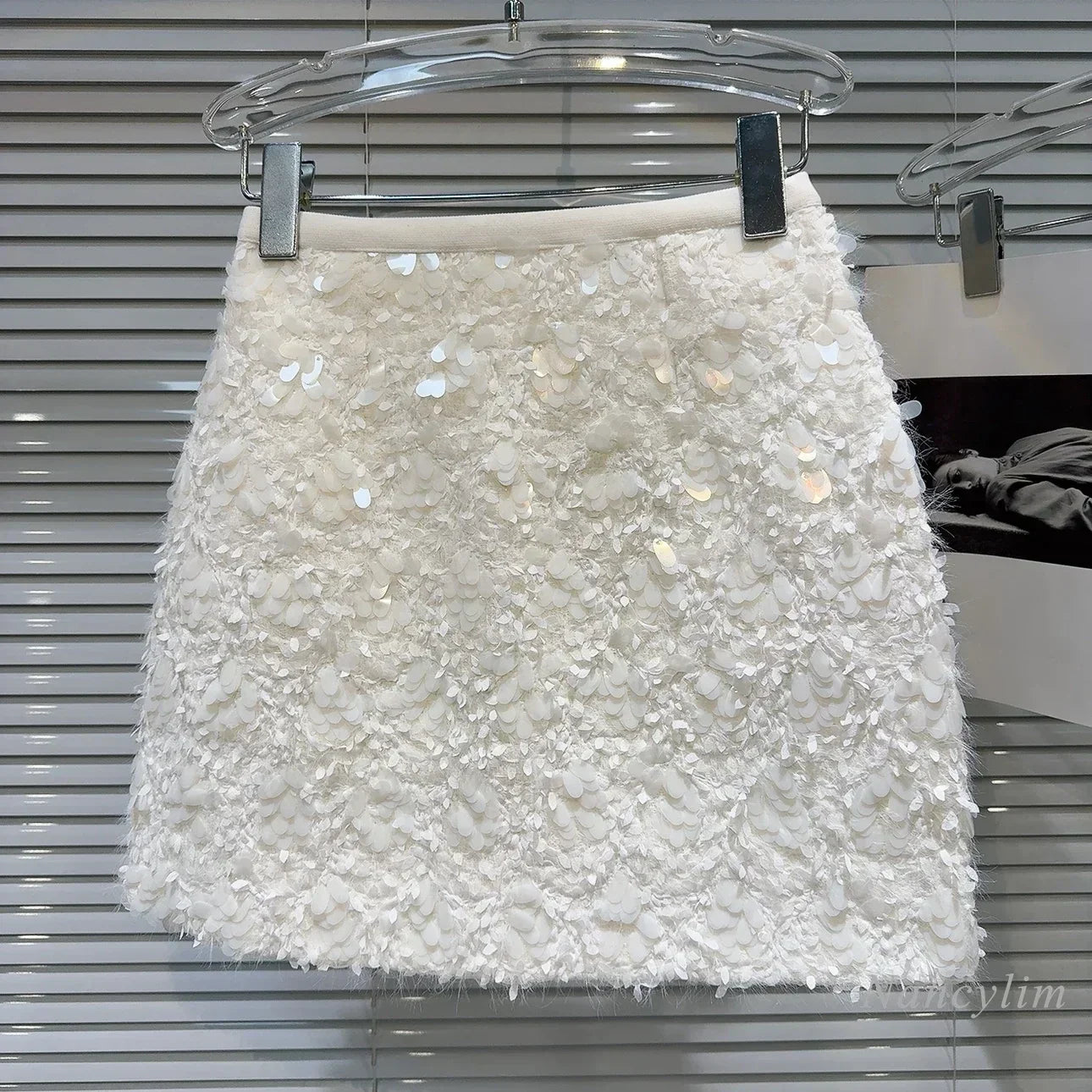 Elegant White A-Line Skirt for Women - Chic Sequined Tweed Short Skirt | Autumn Fashion, Celebrity Style | Perfect for Parties, Dates & Office Wear
