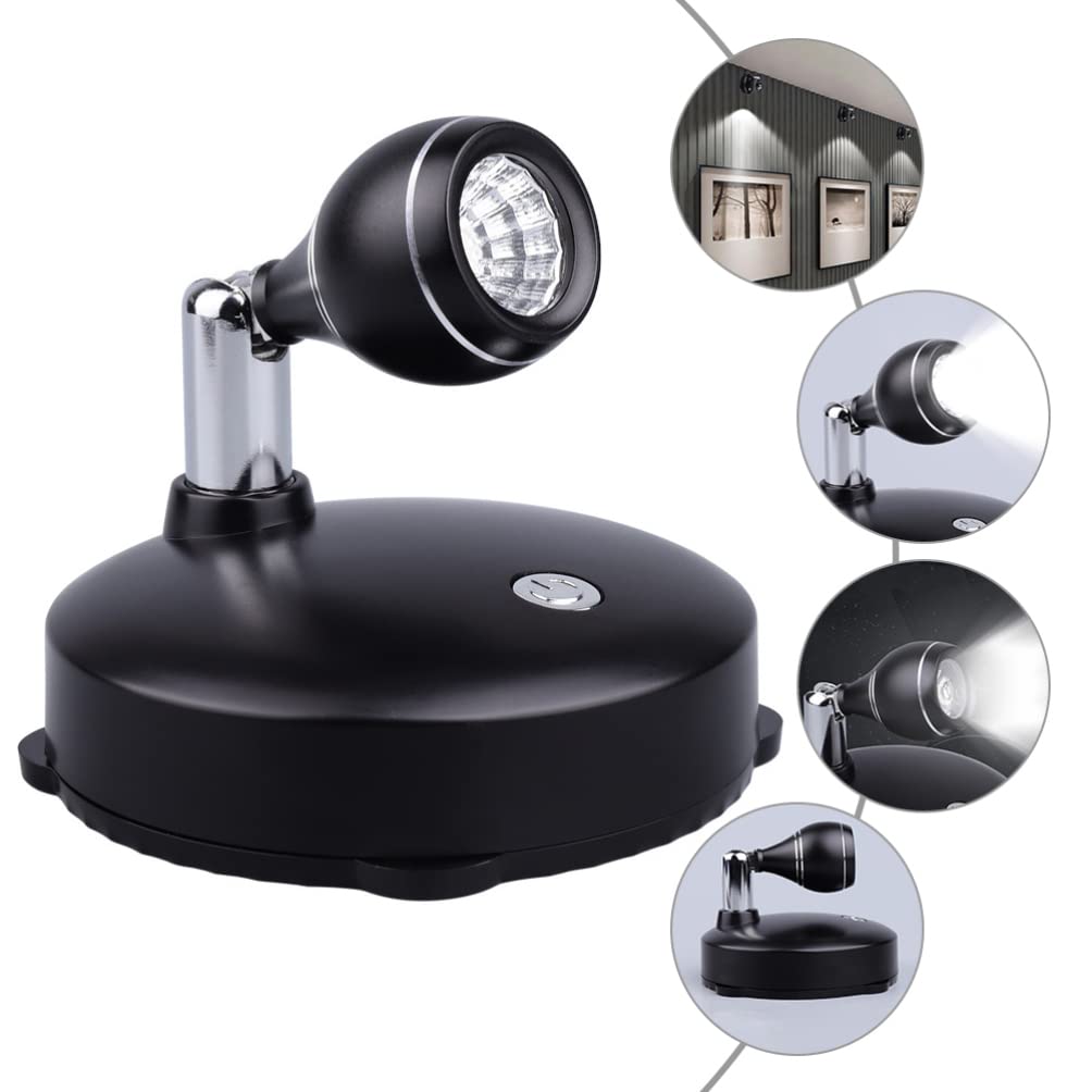 Uonlytech Rechargeable Wireless Spotlight - Battery Operated Rotating Accent Light for Paintings, Pictures & Wall Decor (Black) - Indoor/Outdoor Use for Home, Gallery & Event Lighting