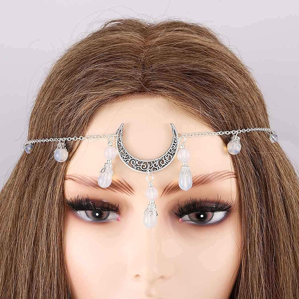 Boho Crystal Moon Head Chain - Silver Crescent Tassel Forehead Jewelry for Women & Teens | Festival Hair Accessories, Halloween Costume, Music Festival, Bridal Headpiece, Party Wear