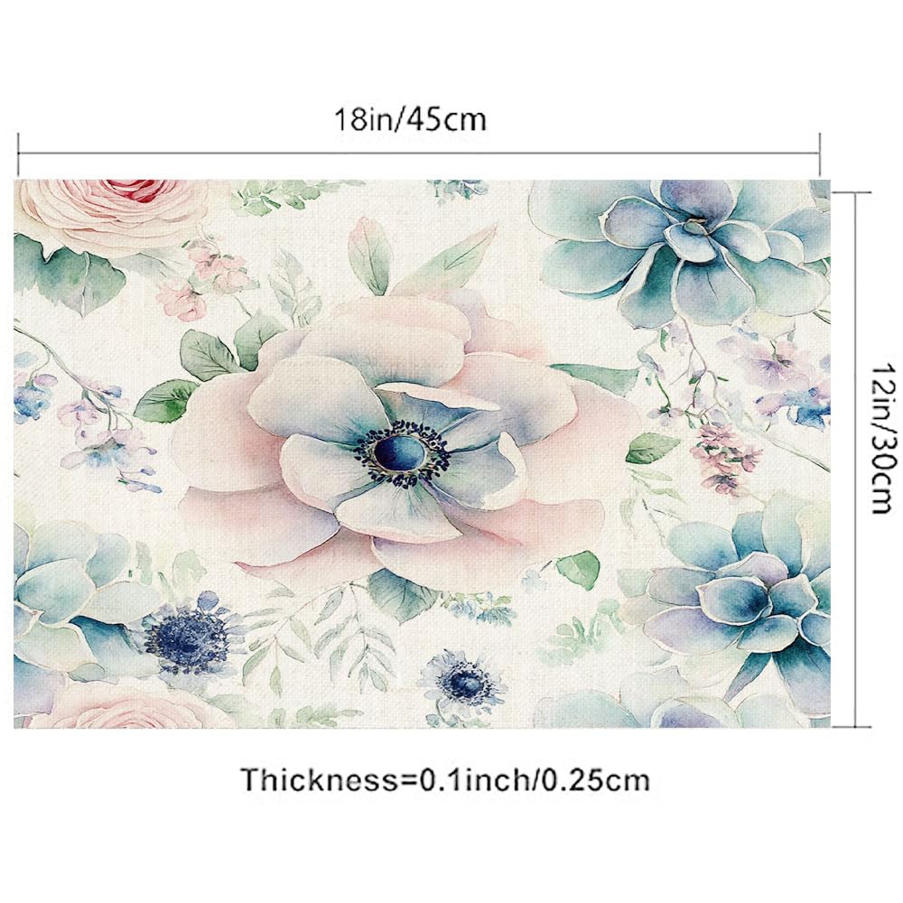 Blue Flower Placemats Set of 4 - 18x12 Inch Washable Table Mats for Kitchen Dining, Decor, Parties & Everyday Use