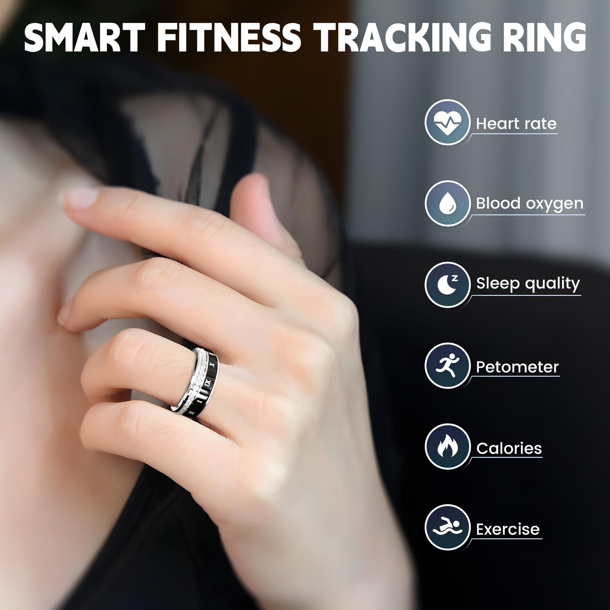 Smart Ring Fitness Tracker - Heart Rate, Blood Oxygen & Sleep Monitor with Blood Pressure Tracking, IP68 Waterproof, iOS/Android Compatible, Remote Camera Control & Family Care Features - Diamond Style Fashion Accessory for Workouts, Sleep Analysis & Daily Health Monitoring (Size 10)