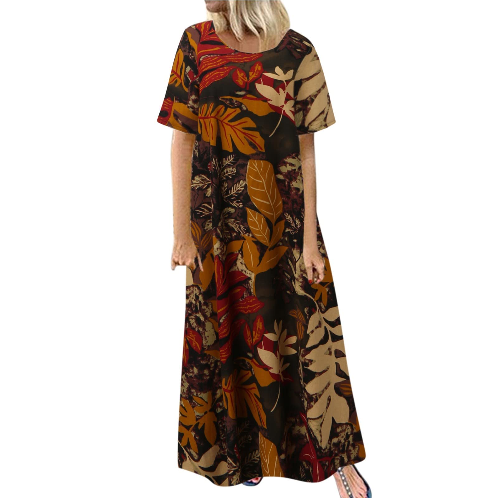 Vintage Floral Print T-Shirt Dress for Women - O-Neck Short Sleeve Casual Long Ankle Dress | Perfect for Summer, Beach, and Everyday Wear