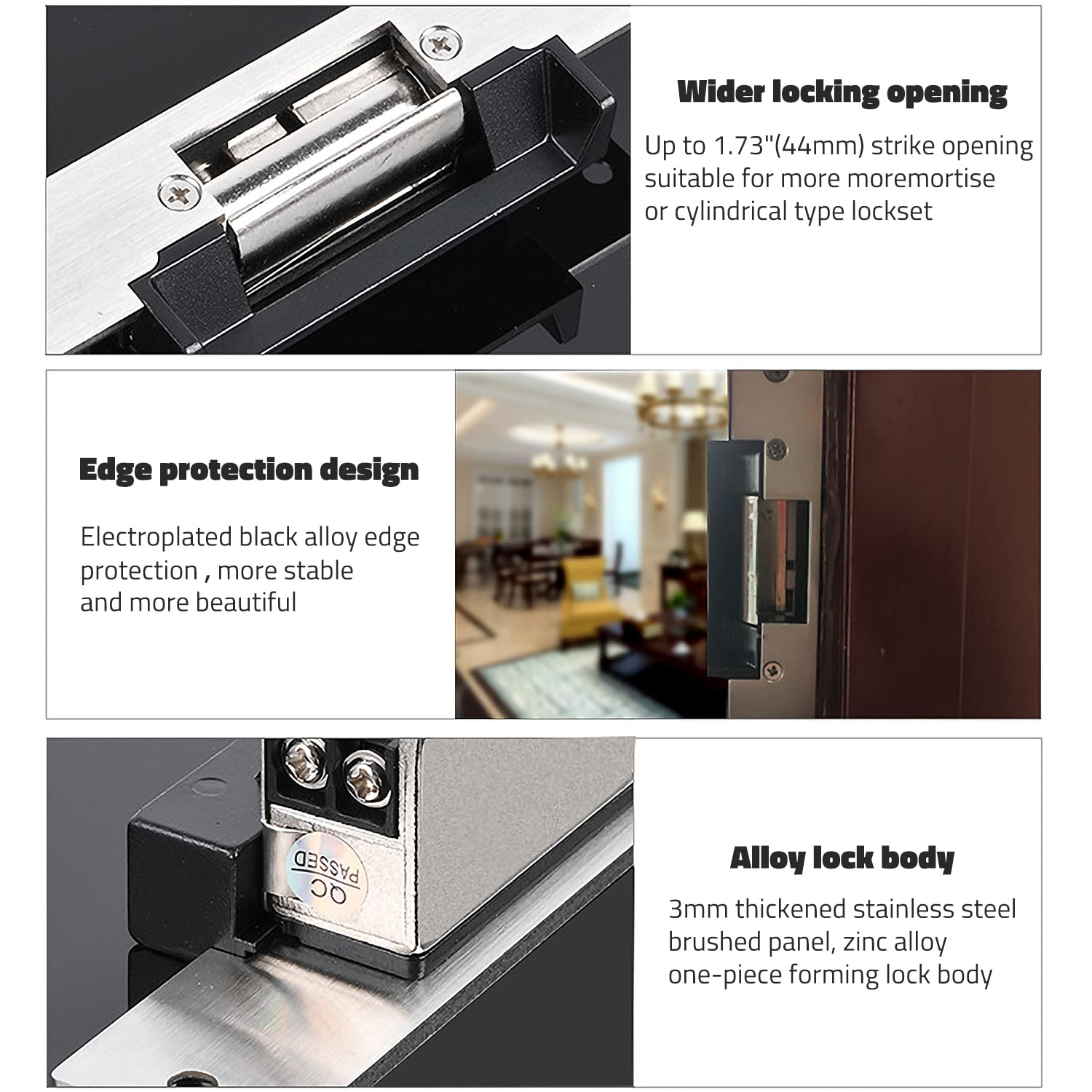 Electric Strike Lock - Wide Strike Opening, Fail Secure for Access Control & Video Doorbell Systems - Compatible with Cylindrical Locks on Wooden & Metal Doors - Ideal for Home Security, Office Buildings & Smart Entry Systems
