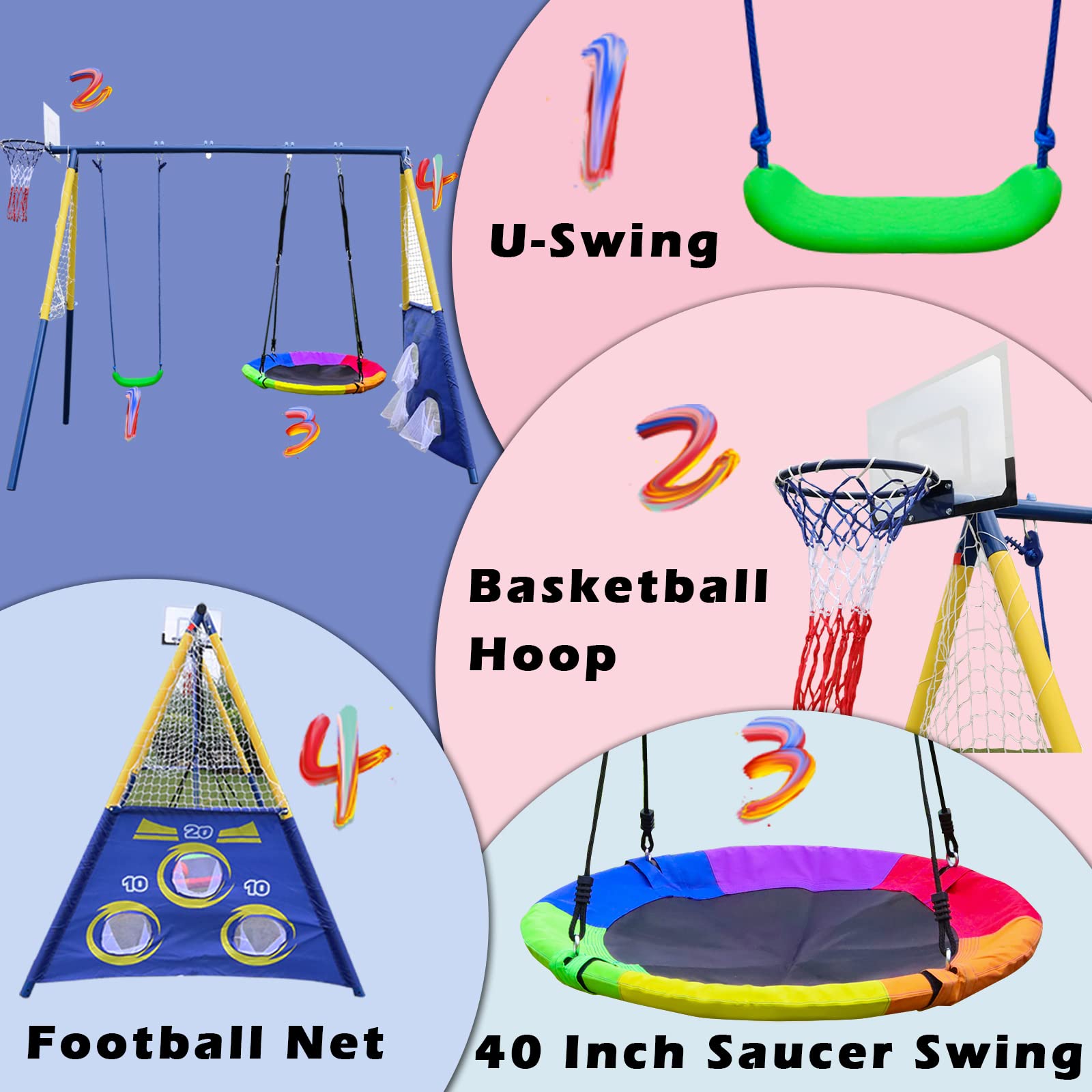 440lbs Heavy Duty 2-Seat Outdoor Swing Set for Kids - A-Frame Metal Stand with Saucer Swing, Belt Swing, Basketball Hoop & Soccer Goal - Perfect for Backyard, Park & Playground Fun