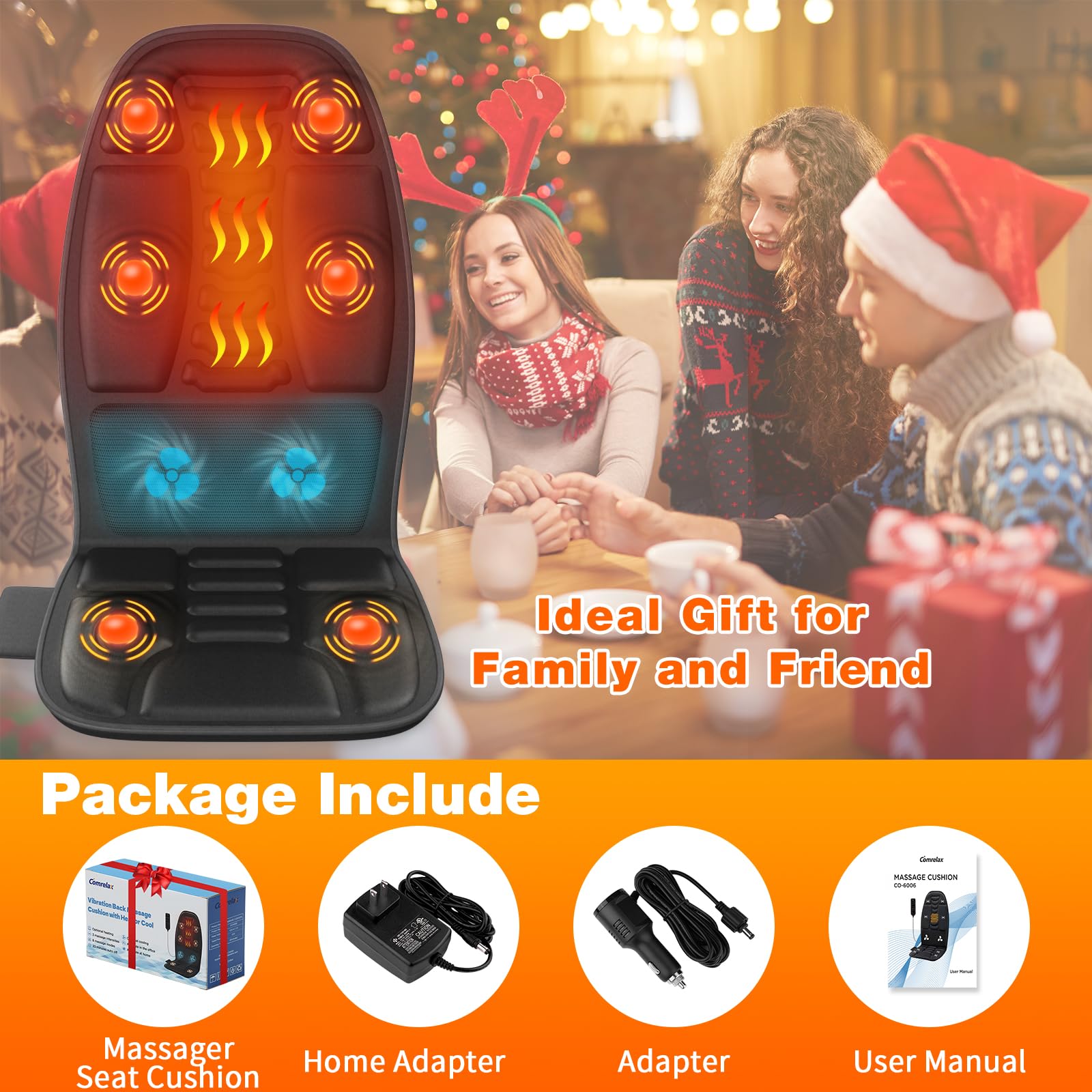 Heated Massage Seat Cushion with Deep Tissue Vibration - Full Body Back Massager for Office Chair, Car & Home Use - Includes 2 Power Adapters - Perfect Gift for Dad, Mom & Seniors - Relieve Back Pain & Stress at Work or While Traveling