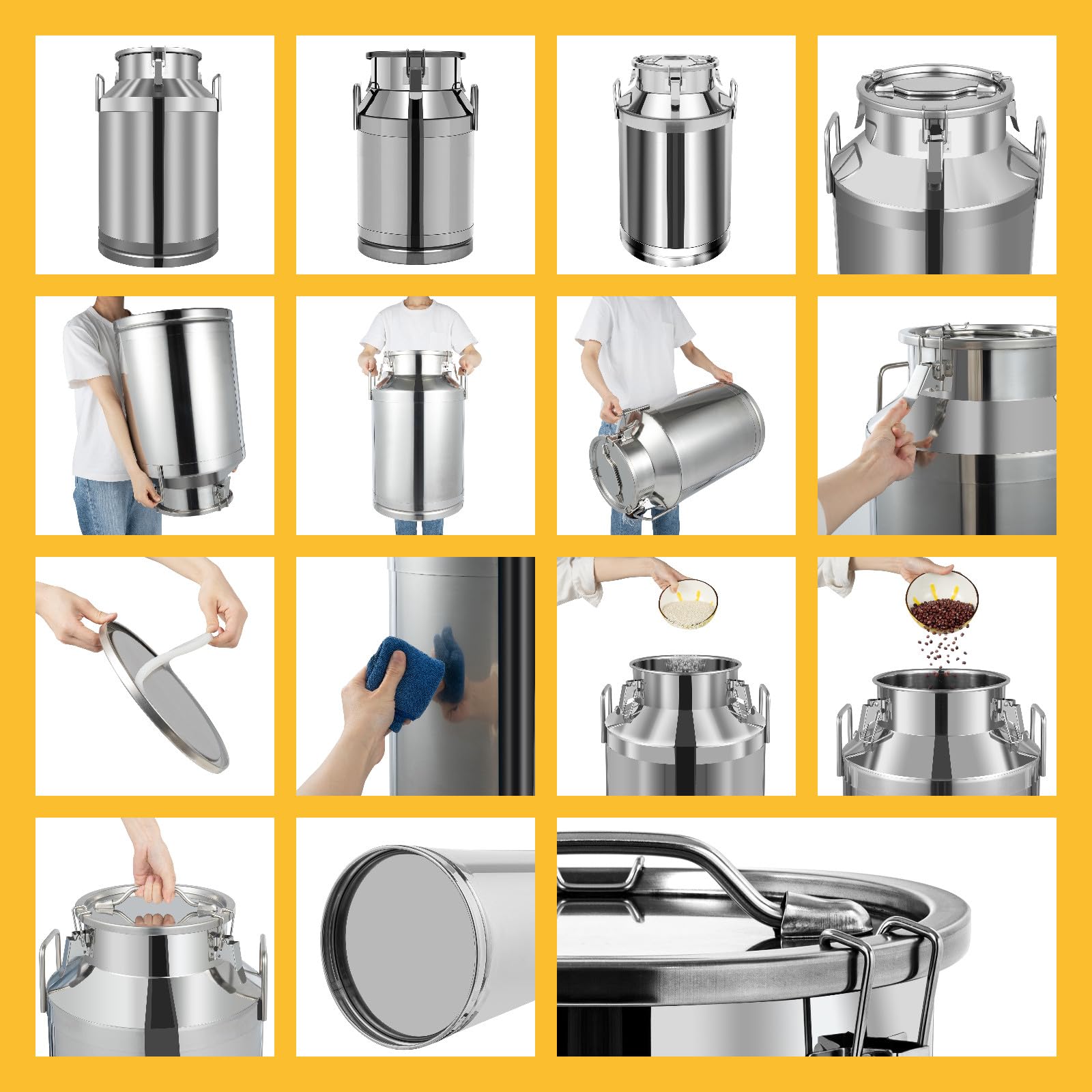 60L/15.85Gal Stainless Steel Milk Can - 201 Non-Magnetic Food Grade Container with Removable Lid & Handle - Perfect for Milk, Oil, Wine, Rice, Tea & Grain Storage - Ideal for Farm, Kitchen, Brewing & Food Preservation