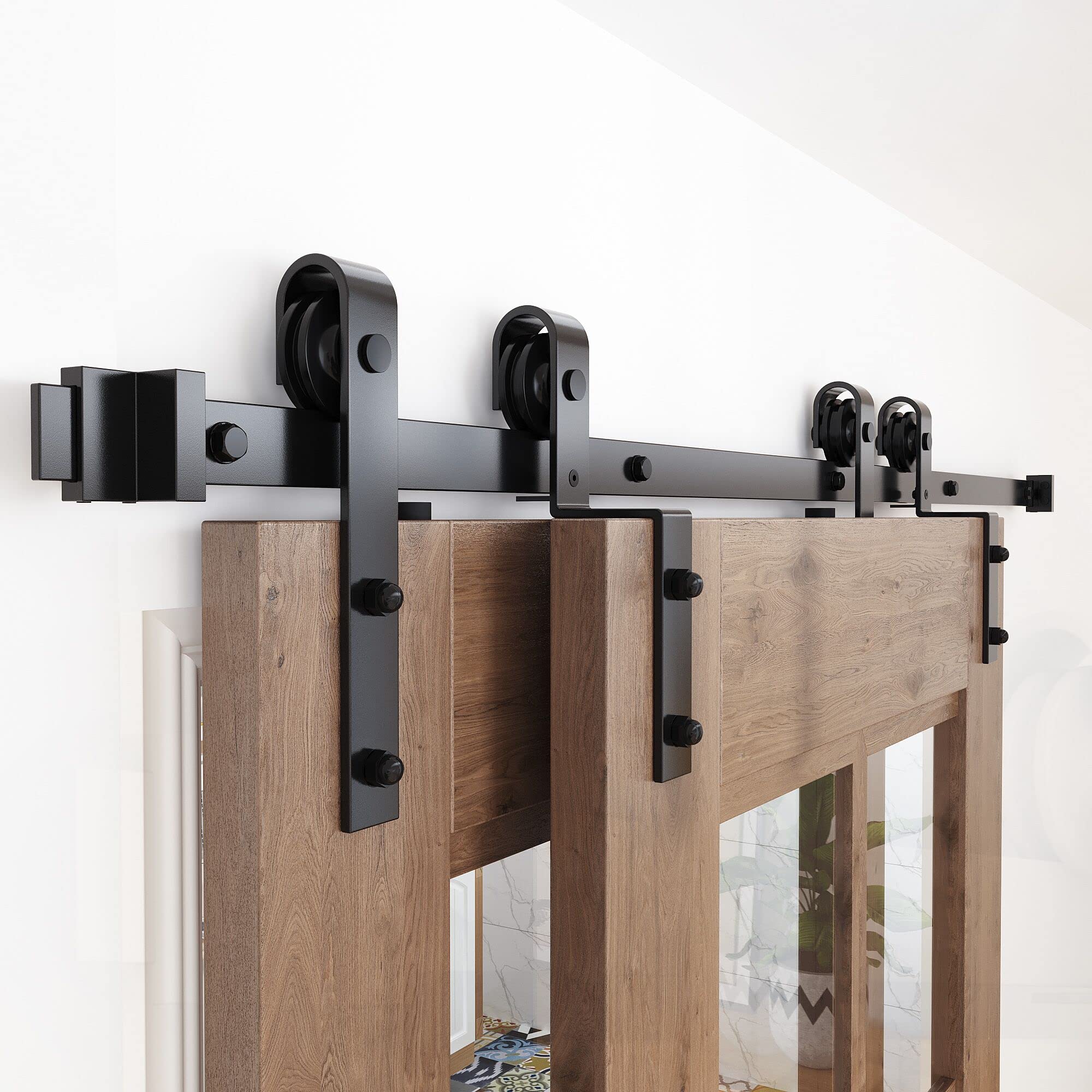 ZEKOO 7.5FT Single Track Bypass Sliding Barn Door Hardware Kit for Double Doors - Low Ceiling J-Shape Hanger with Flat Track Rollers | Perfect for Bedrooms, Closets & Room Dividers