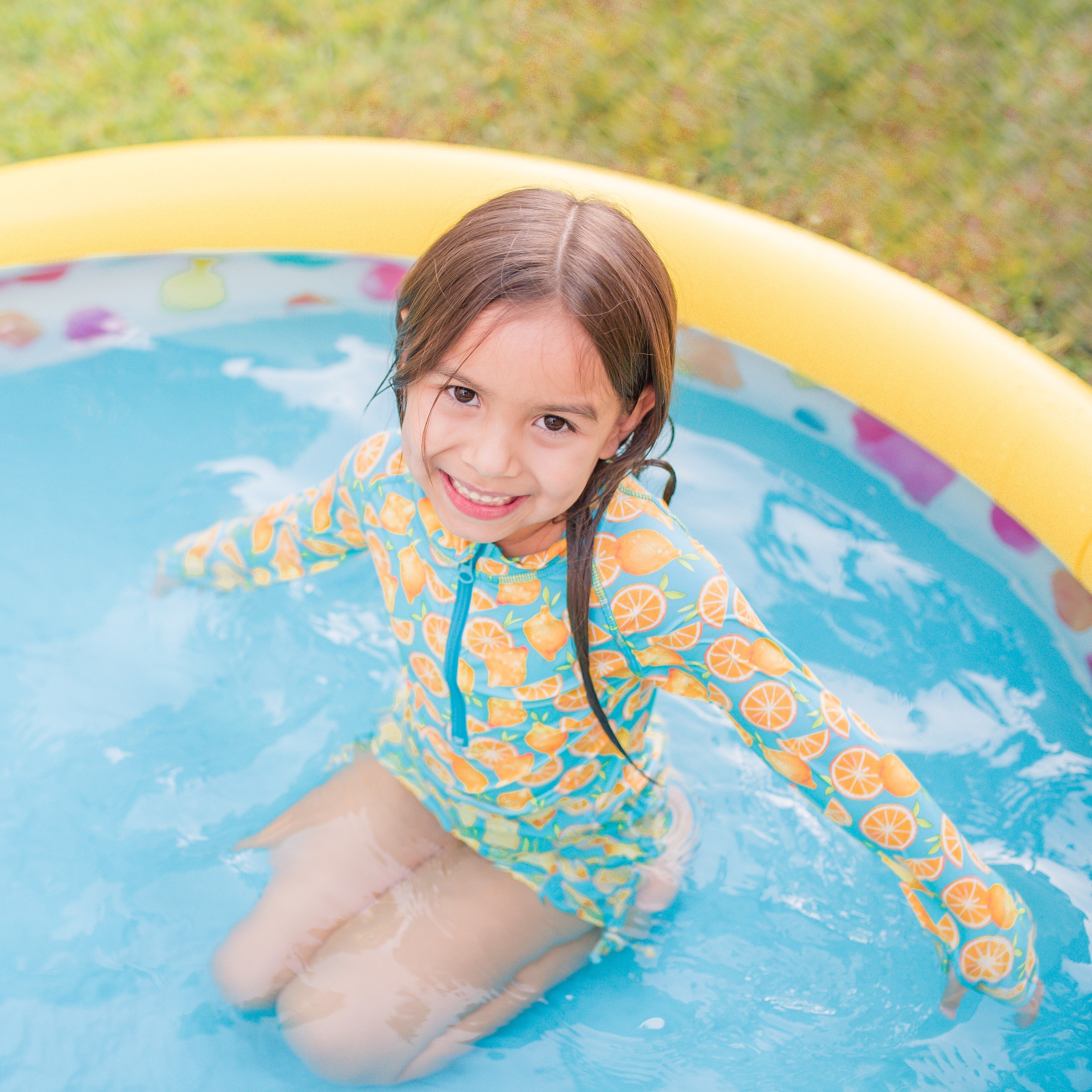 Girls Long Sleeve Swim Dress Cover Up - Lemon Print UV Protection Rash Guard Beachwear for Pool, Beach & Summer Vacation