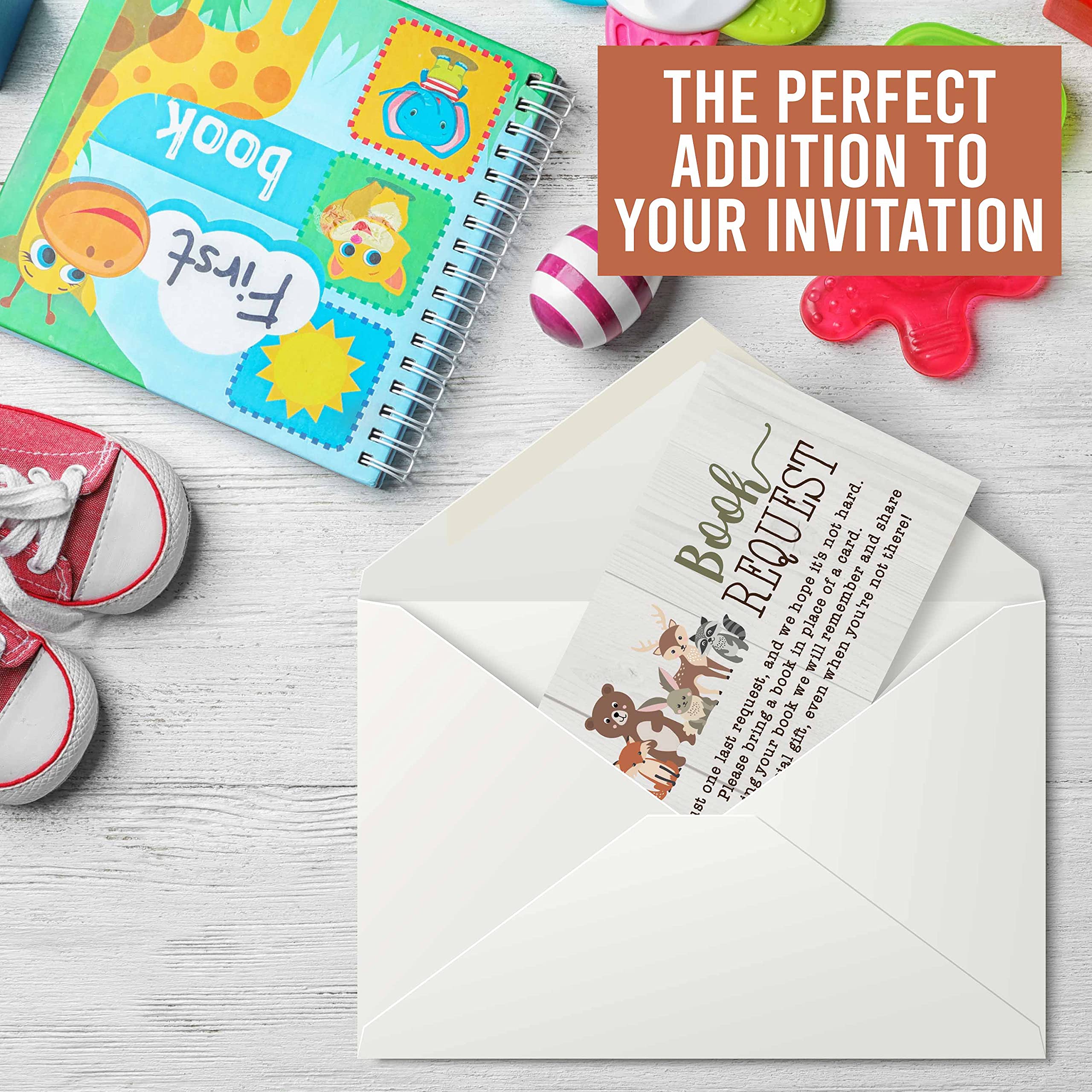 Hadley Designs 25 Baby Shower Books - Woodland Themed Baby Shower Invitation Inserts, Book Request Guest Book Alternative for Baby Showers, Bring a Book Instead of a Card - Perfect for Woodland Nursery Decor & Baby Shower Favors