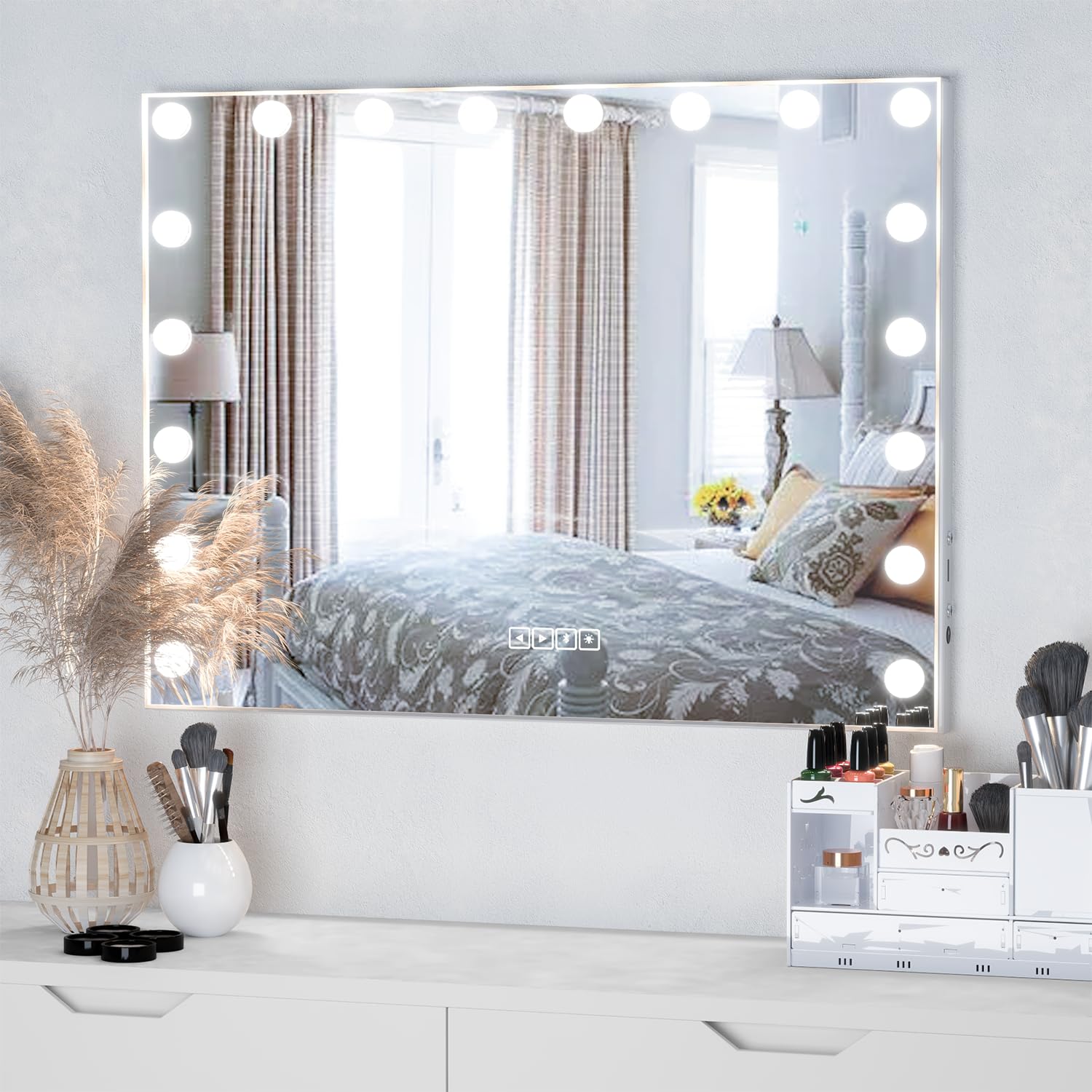 Manocorro Vanity Mirror with Bluetooth Speaker, LED Lights & USB Port - 31.5x22.8 Inch Tabletop/Wall Mount Makeup Mirror for Bedroom, Bathroom & Dressing Room
