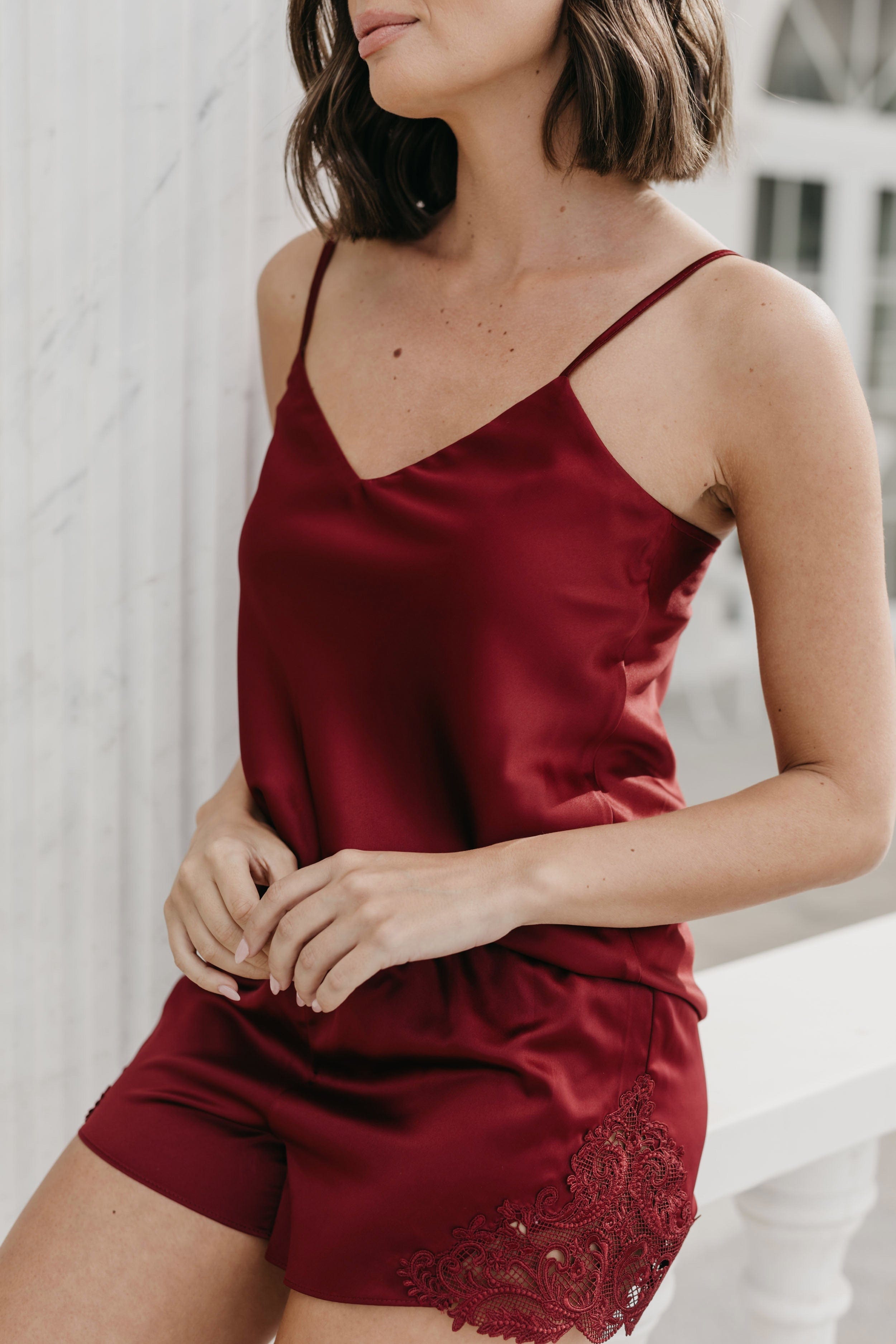 Stella Cami & Lace Trim Short Set in Champagne | Women's Sleepwear & Loungewear | Perfect for Bedtime, Relaxing at Home, and Vacation Getaways