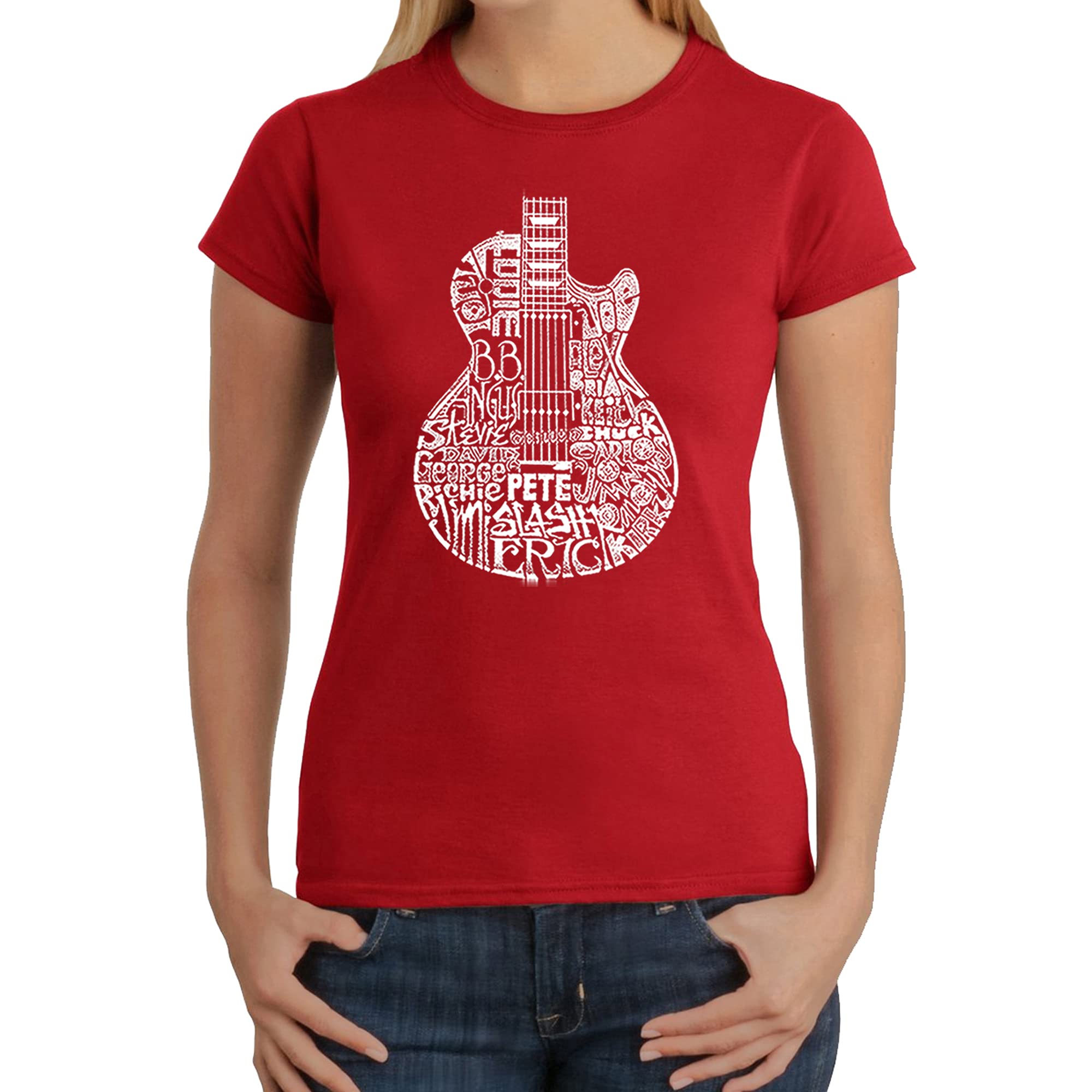 LA POP ART Women's Word Art Graphic T-Shirt - Rock Guitar Design | Casual Streetwear & Music Festival Outfit