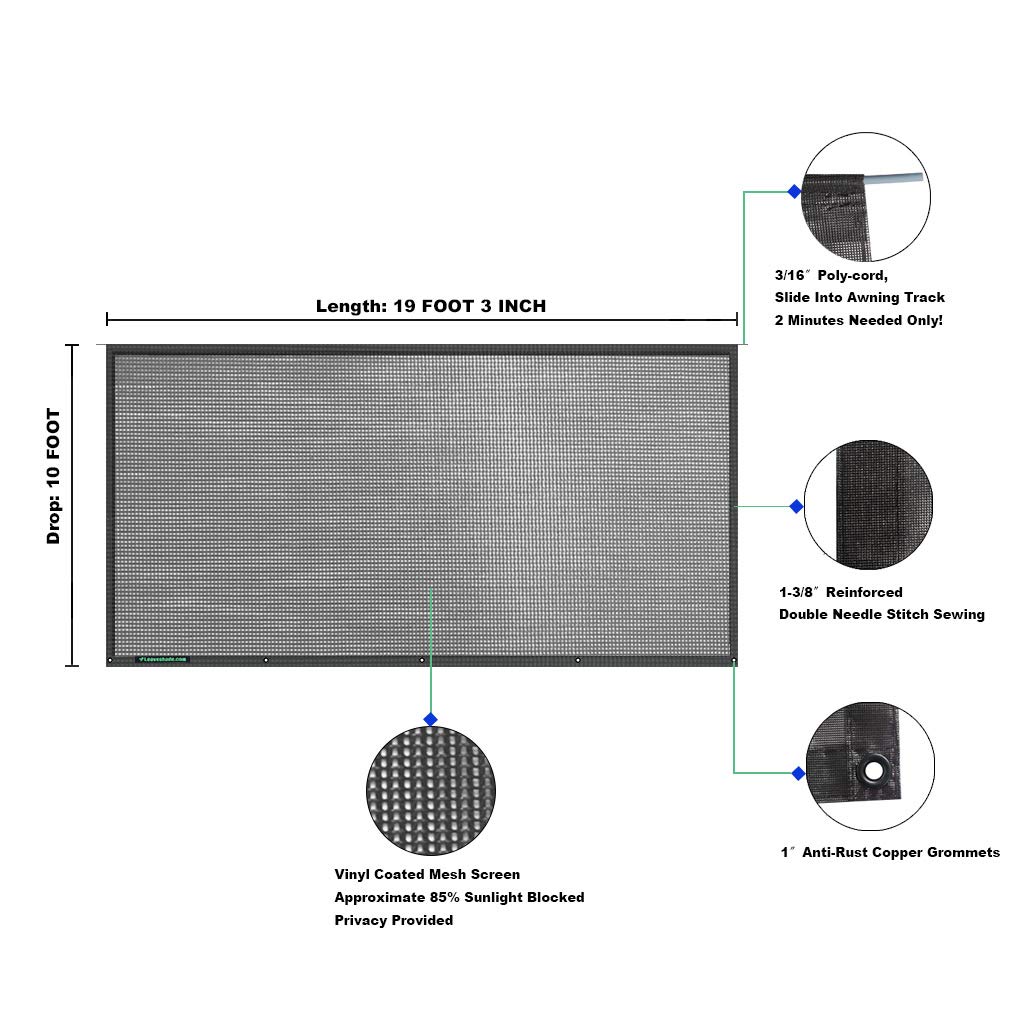 Leaveshade RV Awning Sun Shade Screen 10' x 19' 3'' - Premium Mesh Sunshade for 20' Awning | Blocks UV Rays & Reduces Glare | Perfect for Motorhome, Camping Trailer & Outdoor Patio | Durable Black Mesh with 3-Year Warranty