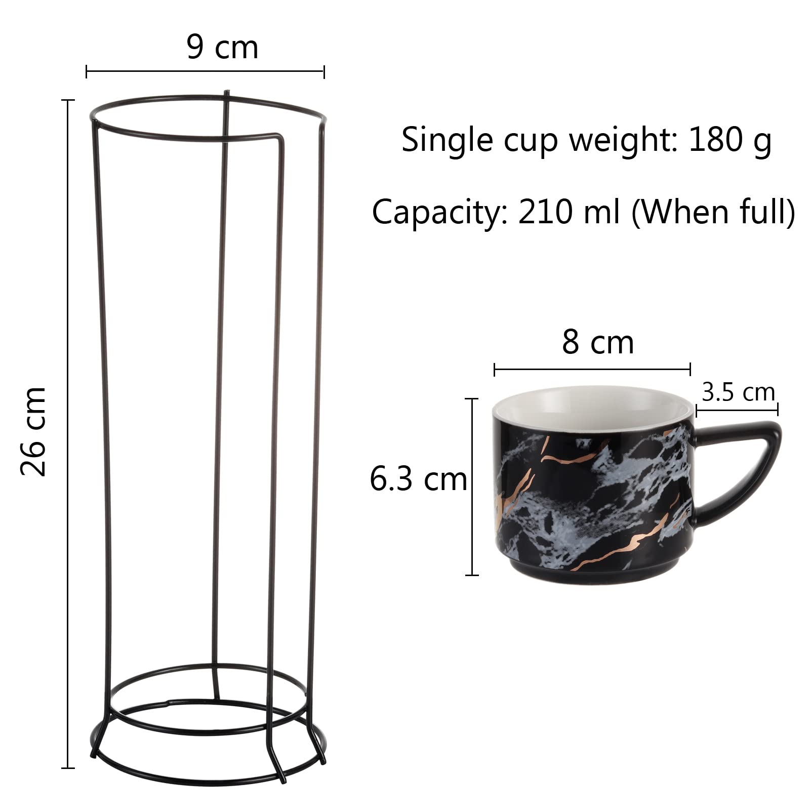 Premium 210ML Stackable Ceramic Cappuccino Cups Set of 4 with Stand - Elegant Black Coffee Mugs for Espresso, Tea & Hot Beverages - Perfect for Home, Office & Cafe Use