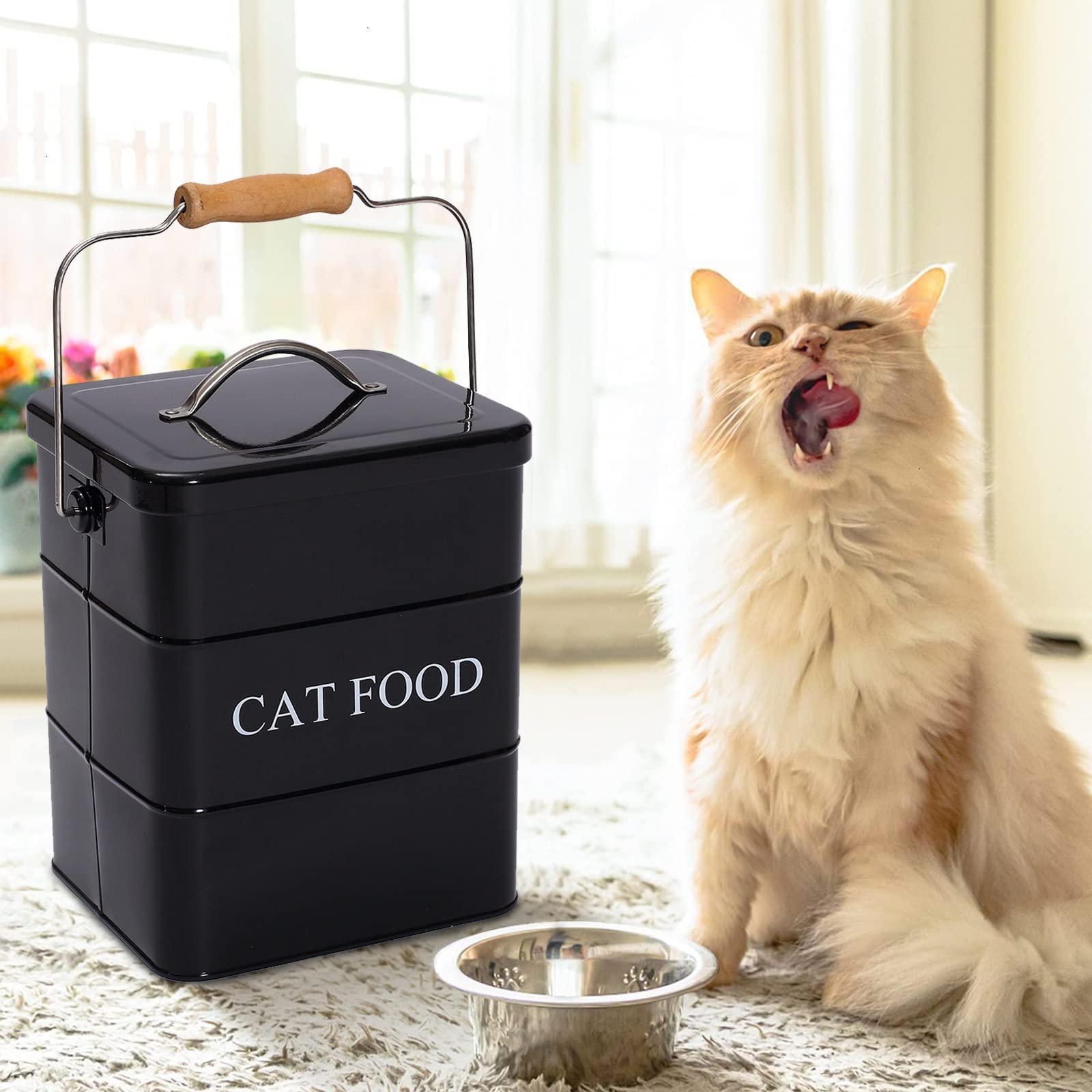 Premium Cat Treats & Food Storage Tin with Lid & Spoon - Airtight Pet Food Container for Freshness - Medium Size, Black - Perfect for Travel, Home & Kitchen Use
