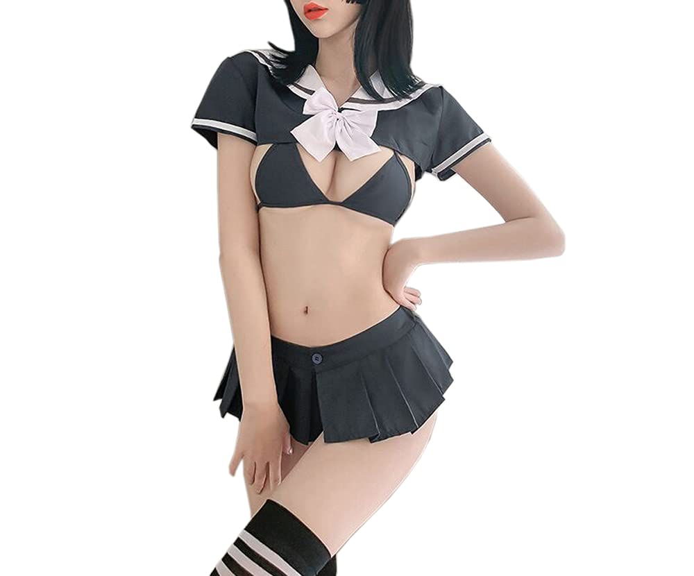 Sexy Anime Cosplay Japanese Schoolgirl Uniform Bikini Set with Pleated Skirt - Cute Lingerie Costume for Halloween, Cosplay Events & Role Play (White)