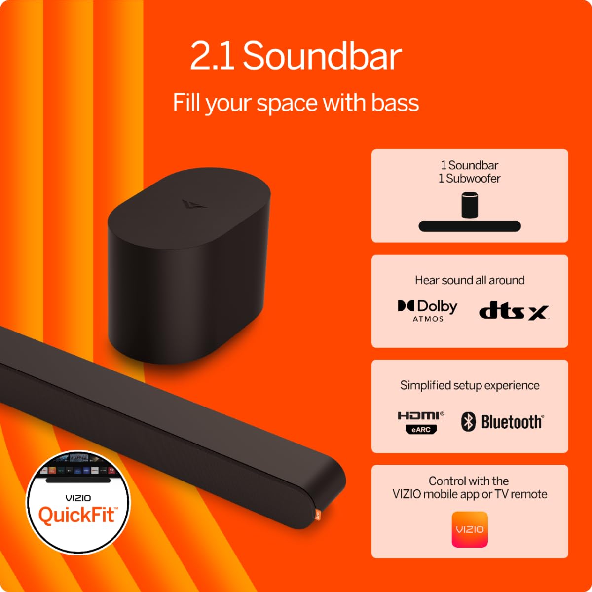 VIZIO 2.1 Channel Sound Bar with Wireless Subwoofer - Dolby Atmos, DTS:X, Bluetooth 5.0 - Home Theater Audio System for TV, Movies & Gaming (2024 New Model SV210M-0808)