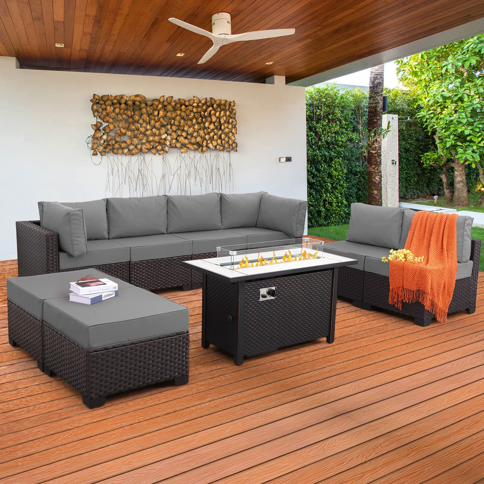 9-Piece PE Rattan Patio Furniture Set - Outdoor Wicker Sectional Sofa with Gray Cushions & 45