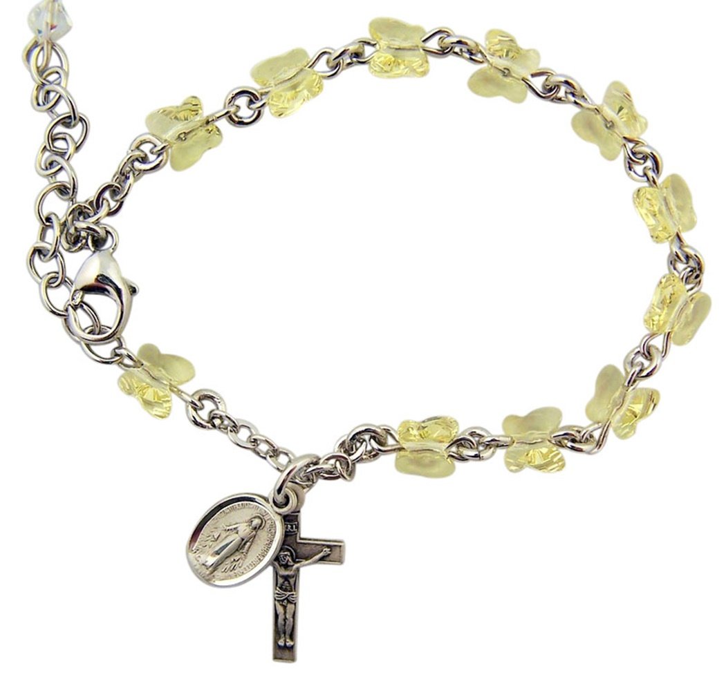 Yellow Glass Butterfly Bead Bracelet with Miraculous Medal & Crucifix - 7.5 Inch Adjustable Religious Jewelry for Women - Perfect for Daily Wear, Prayer & Gift Giving