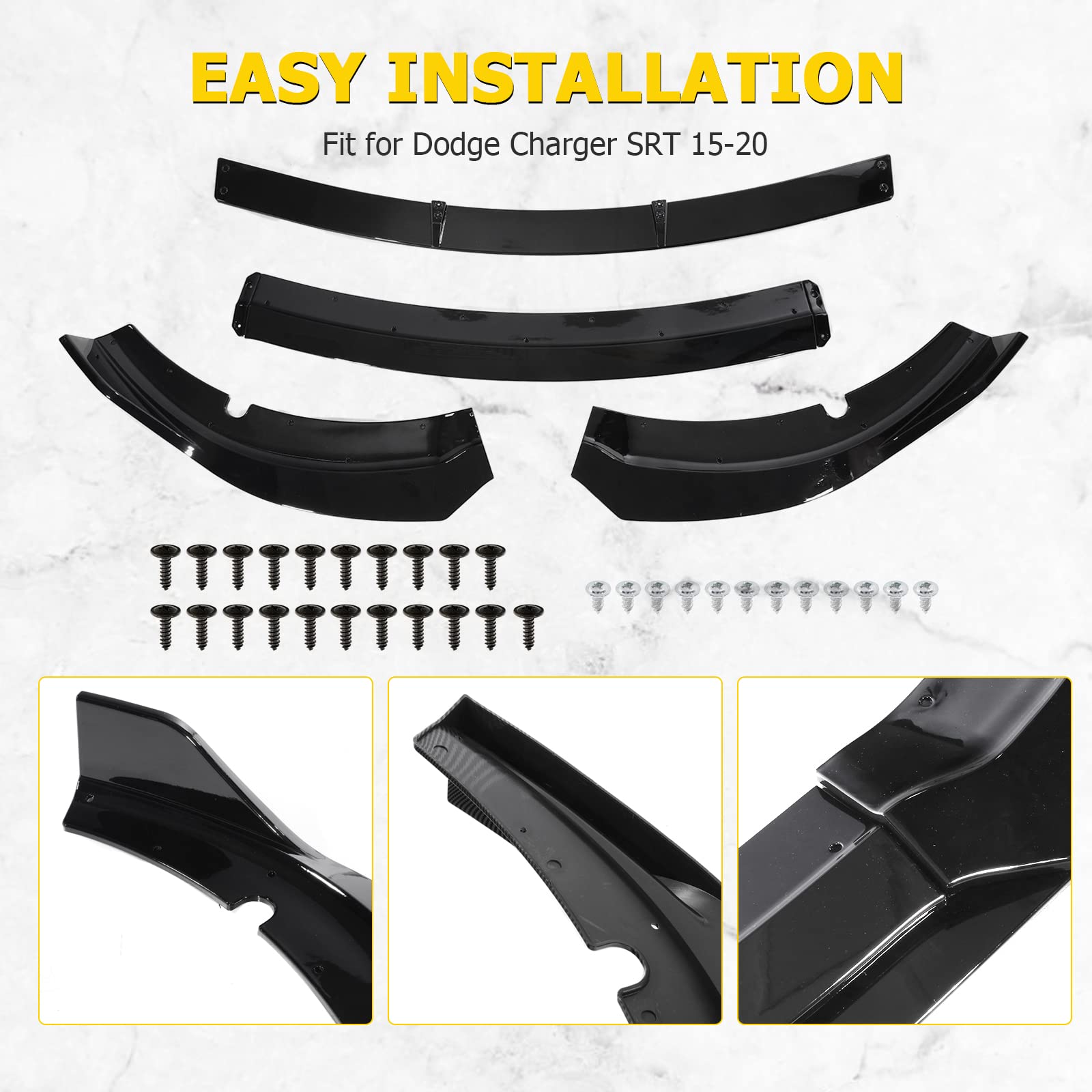 AUXMART Front Bumper Lip Splitter for 2015-2023 Dodge Charger SRT | V2 Style Gloss Black Spoiler Protector | Chin Protection Body Kit | Enhances Aerodynamics & Street Racing Style