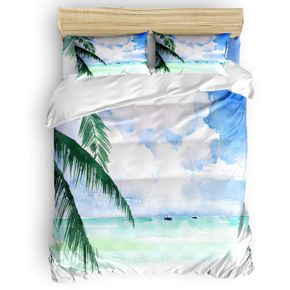 Watercolor Tropical Summer Beach Full Duvet Cover Set - 4 Piece Ultra Soft Bedding Set with 2 Pillowcases (Blue Sky White Clouds) for Kids, Teens, Women & Men | Perfect for Beach House, Guest Room & Summer Bedroom Decor
