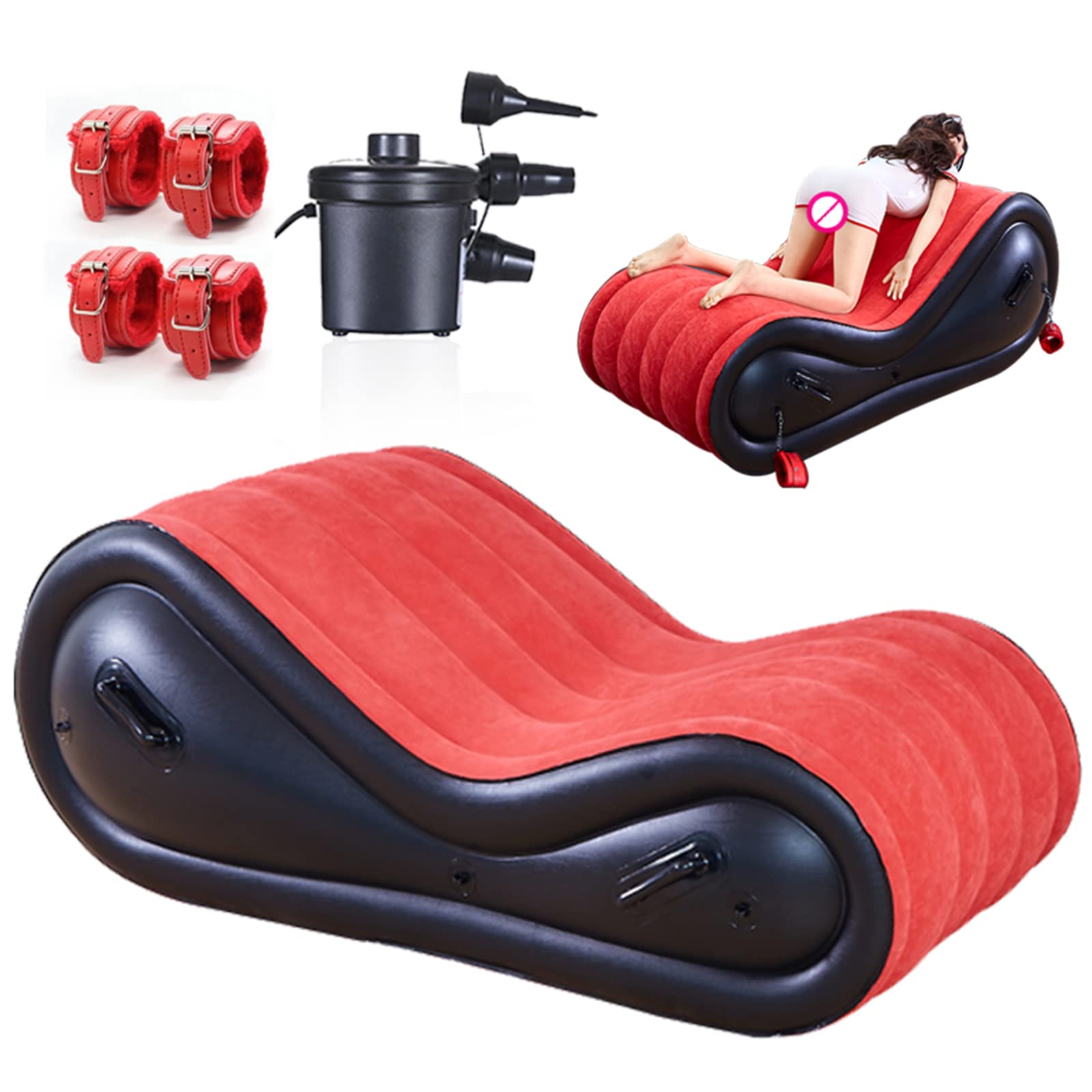 Inflatable Sex Cushion with Handcuffs & Ankle Cuffs + Pump, Portable Erotic Chair for Couples - Multifunctional Lumbar Support, G-Spot Stimulation Adult Toy (Red) - Perfect for Spicing Up Bedroom Play & BDSM Scenes