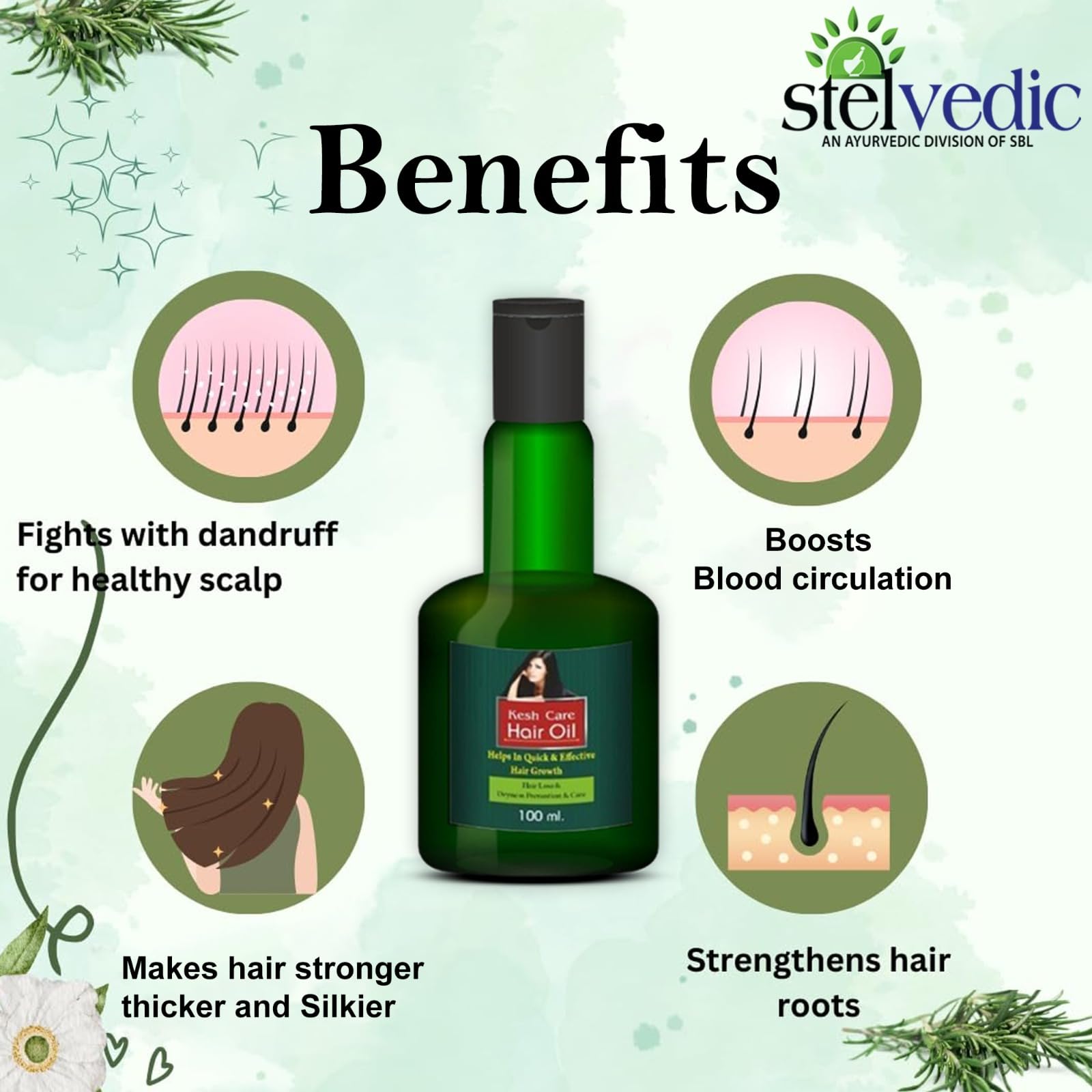 KESH CARE STELVEDIC Oil - 100% Pure Natural Hair Growth Oil for Women & Men - Promotes Thicker, Longer & Healthier Hair - Ideal for Daily Scalp Massage & Hair Care Routine