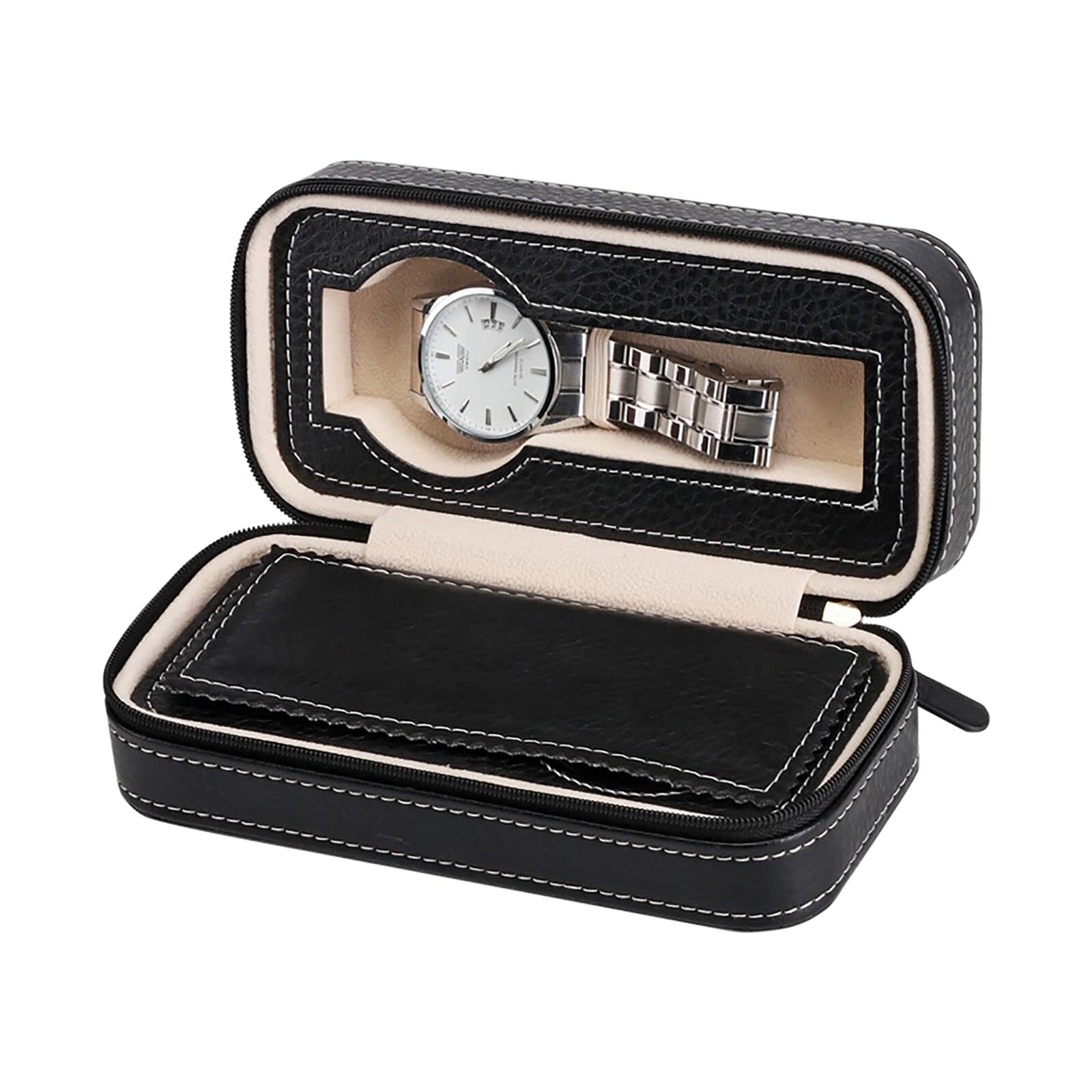 Premium Aco&bebe Black Carbon Fiber PU Leather Watch Travel Case - 2 Slot Zippered Watch Box Organizer for Men & Women - Perfect for Travel, Business Trips & Watch Collection Storage