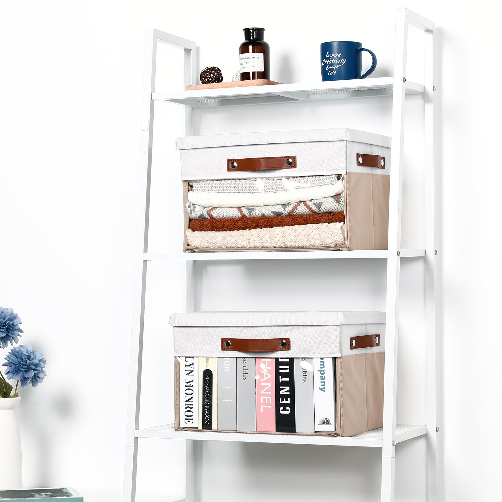 Bidtakay 4-Pack Collapsible Storage Bins with Lids & Clear Windows - 15 x 11 Inch Fabric Closet Organizer with Handles, Foldable Storage Baskets for Shelves, Clothes, Toys & Home Organization (White/Beige) - Perfect for Bedroom, Closet, Nursery & Office Storage Solutions