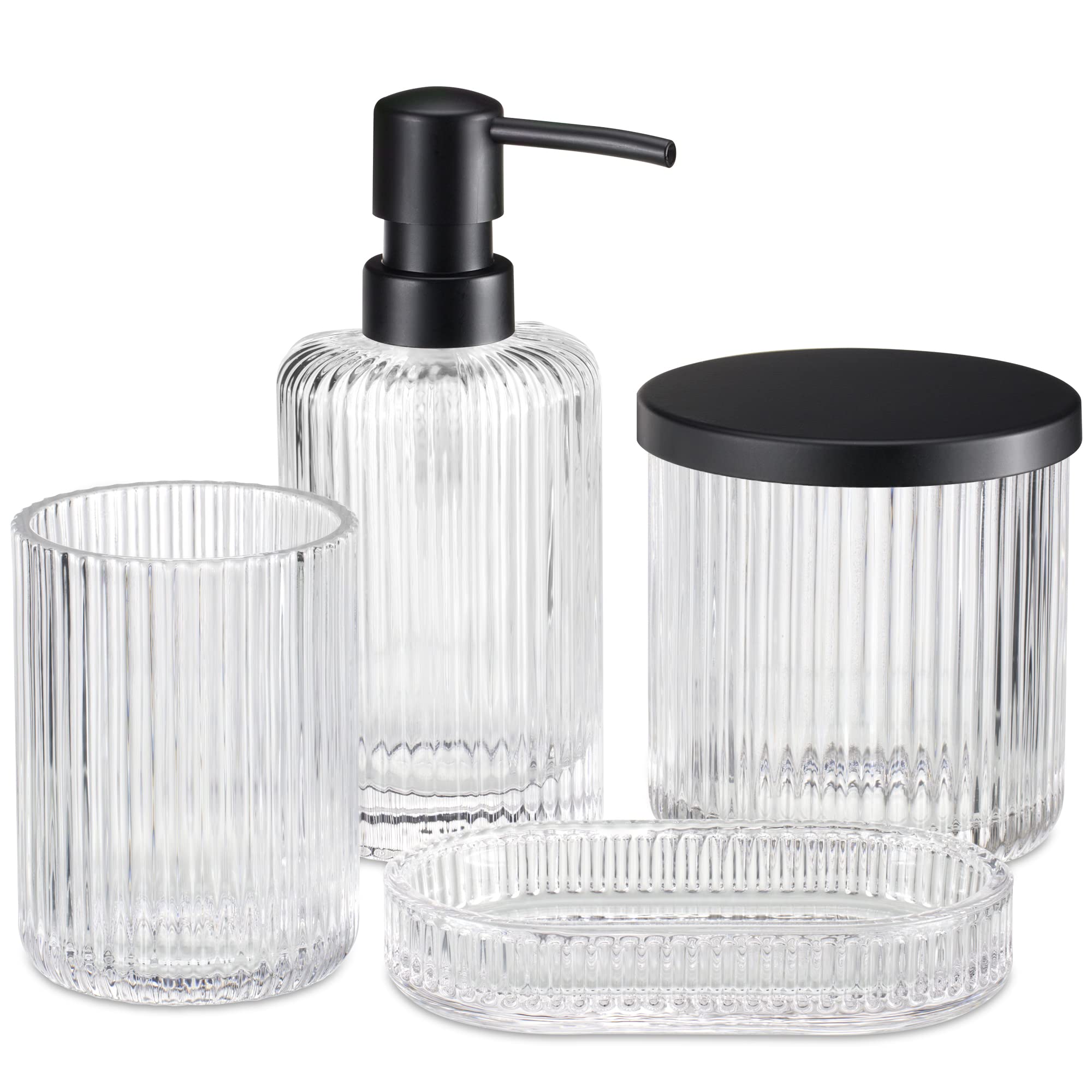 Navaris 4-Piece Glass Bathroom Set - Soap Dispenser, Toothbrush Holder, Soap Dish & Cotton Pad Organizer - for Modern Bathrooms