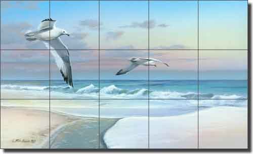 Mike Brown Seagulls Birds Ceramic Tile Mural 30x18 Inch - Dissolving Time Artwork - Waterproof Kitchen & Shower Backsplash - Perfect for Bathroom, Beach House & Coastal Decor