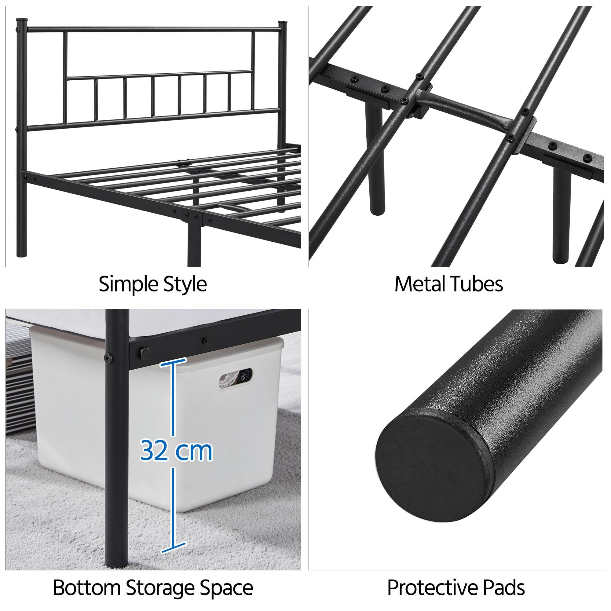Yaheetech Black Wrought Iron Double Bed Frame with Vertical Tube Headboard & Metal Slats - 160x200cm (63x79 inches) Queen Size Bed for Bedroom, Guest Room, Dorm - Sturdy Metal Platform Bed with Noise-Free Support