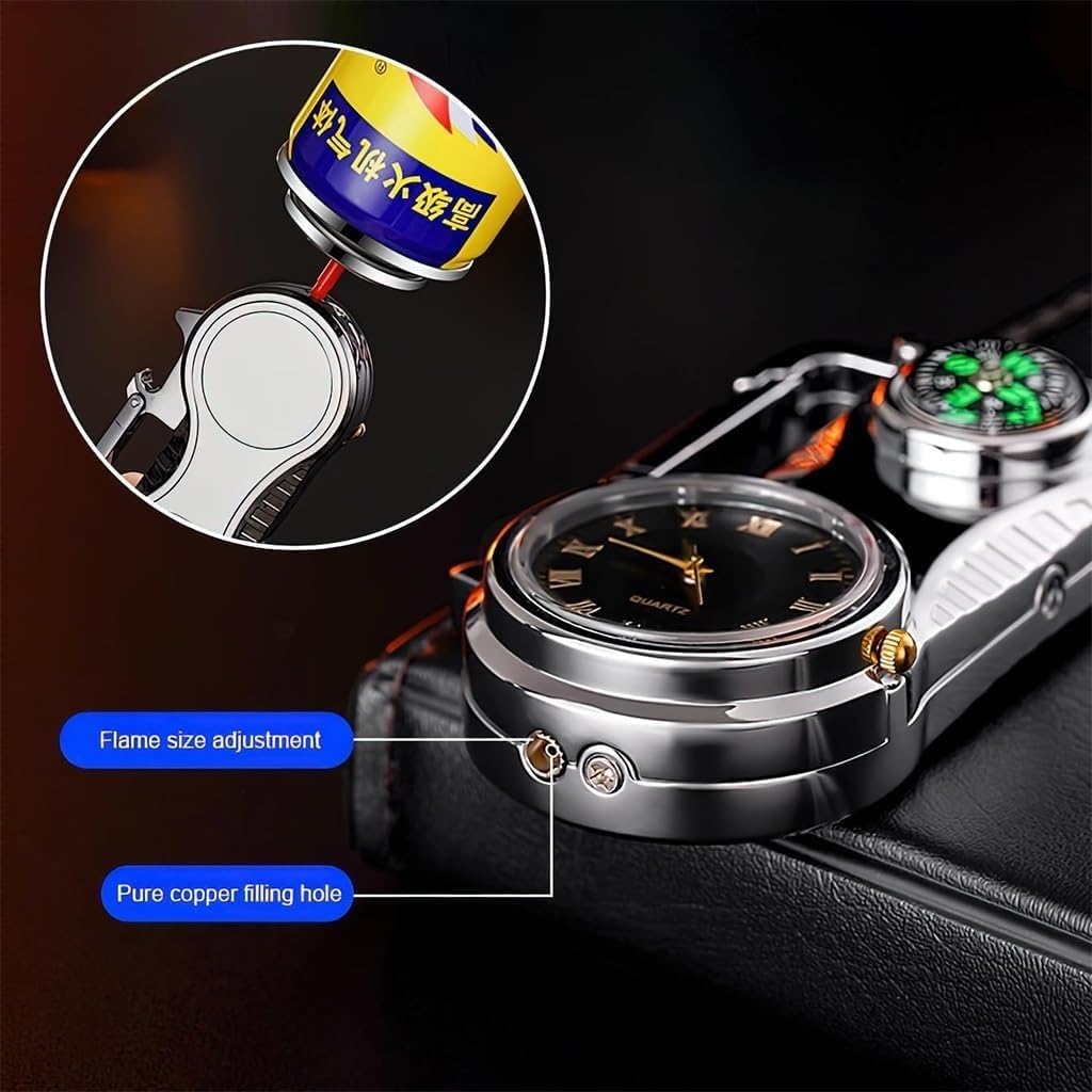 Metal Torch Lighter with Clock Dial & Compass - Refillable Butane, Adjustable Flame, Red Fire for Camping, Hiking, BBQ & Outdoor Adventures - Cool Multifunctional Keychain Lighter for Men & Women