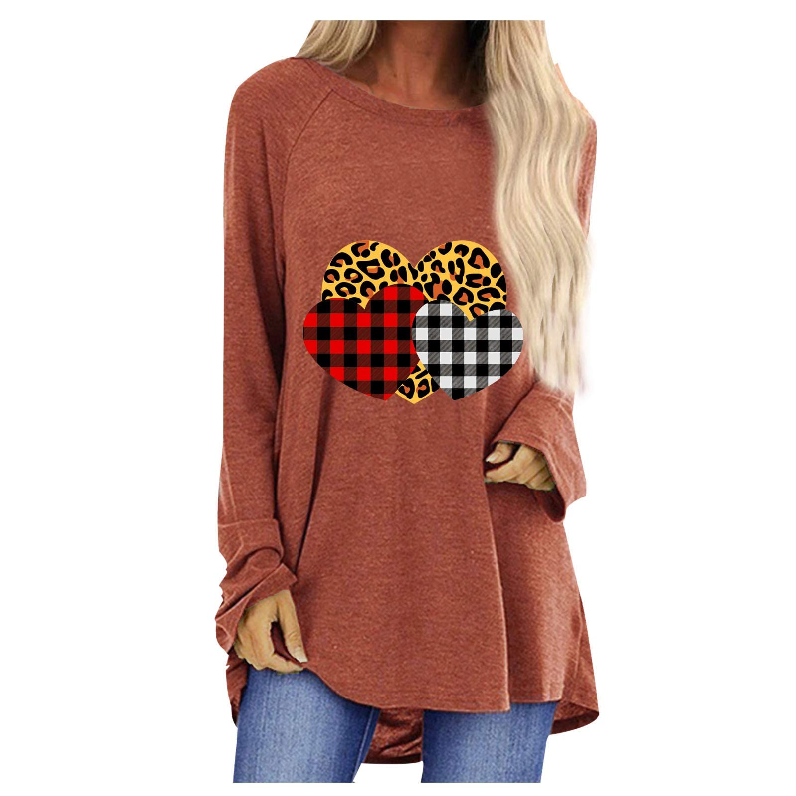 Women's Casual Heart Plaid Print Blouse - Long Sleeve Round Neck Tops for Plus Size | Perfect for Office, Date Night & Fall Layering