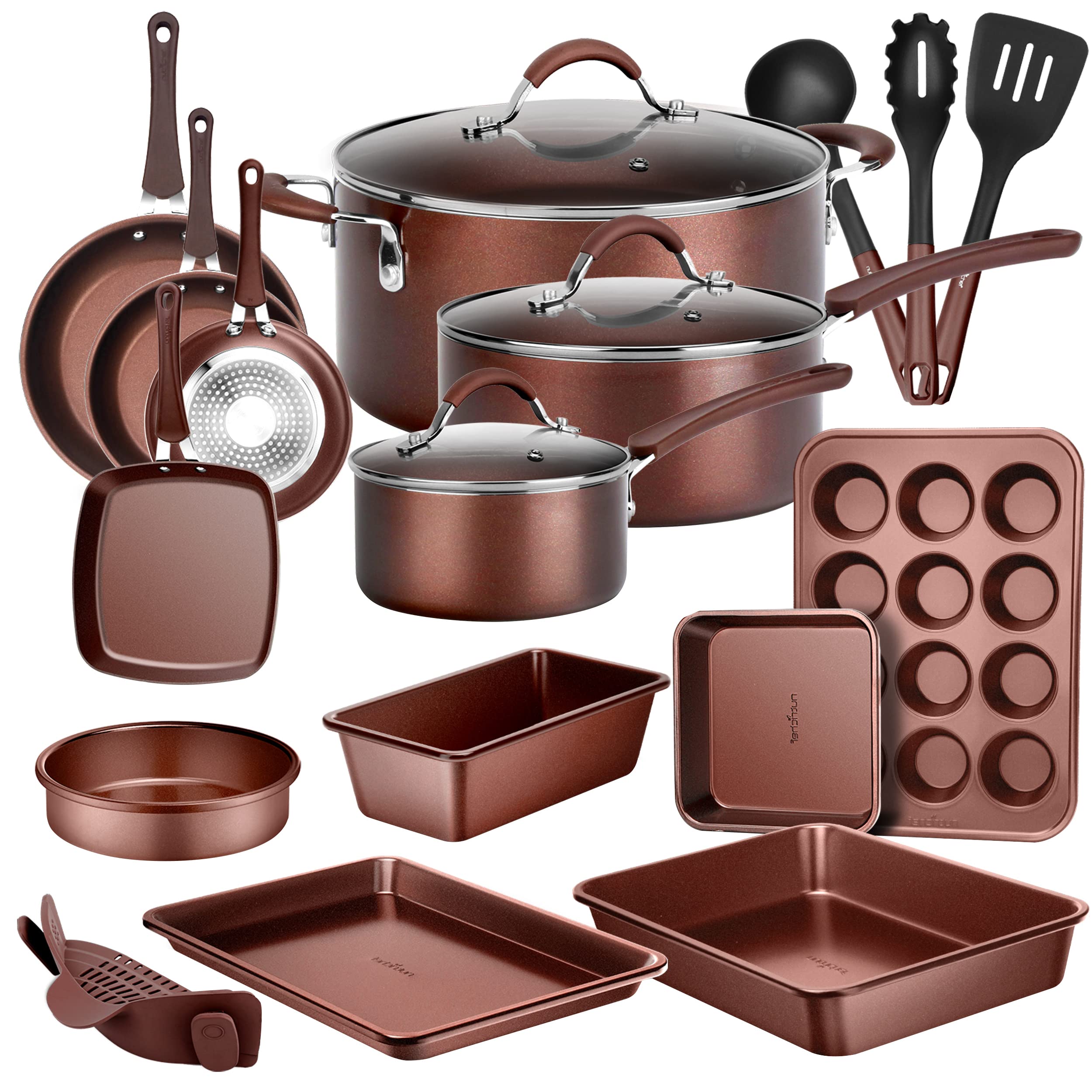 NutriChef 20-Piece Nonstick Cookware Set - PTFE/PFOA/PFOS-Free, Heat Resistant with Silicone Handles - Includes Saucepan, Frying Pans, Oven Pot, Lids & Utensils - Brown (NCCW20SBR) - Perfect for Baking, Frying & Everyday Cooking in Kitchen & Oven