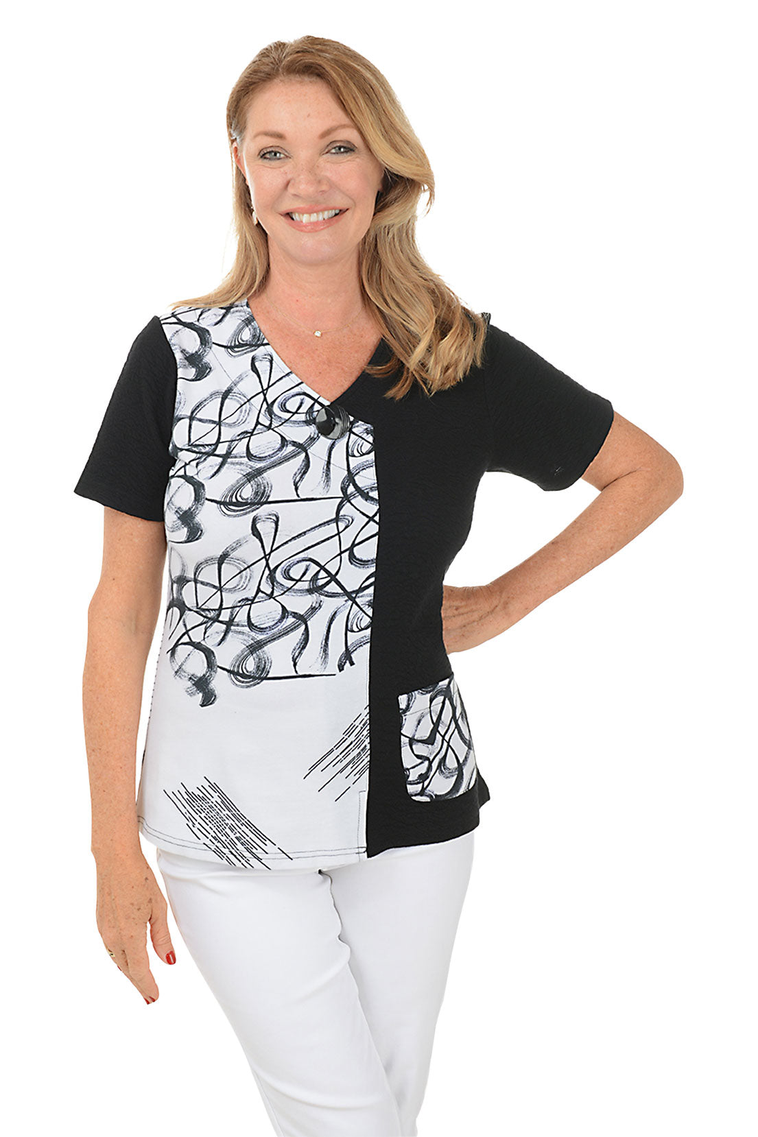 Belle Button Pocket Short Sleeve Blouse for Women - Casual Summer Tops with Front Pockets - Perfect for Office, Date Night & Weekend Outings