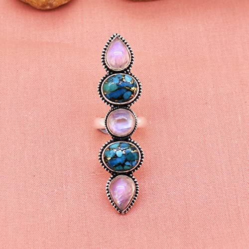 Genuine Rainbow Moonstone & Turquoise 925 Sterling Silver Ring - Handmade Fashion Jewelry for Engagement, Promise, June Birthstone & Anniversary - Perfect for Weddings, Gifts & Boho Style Outfits