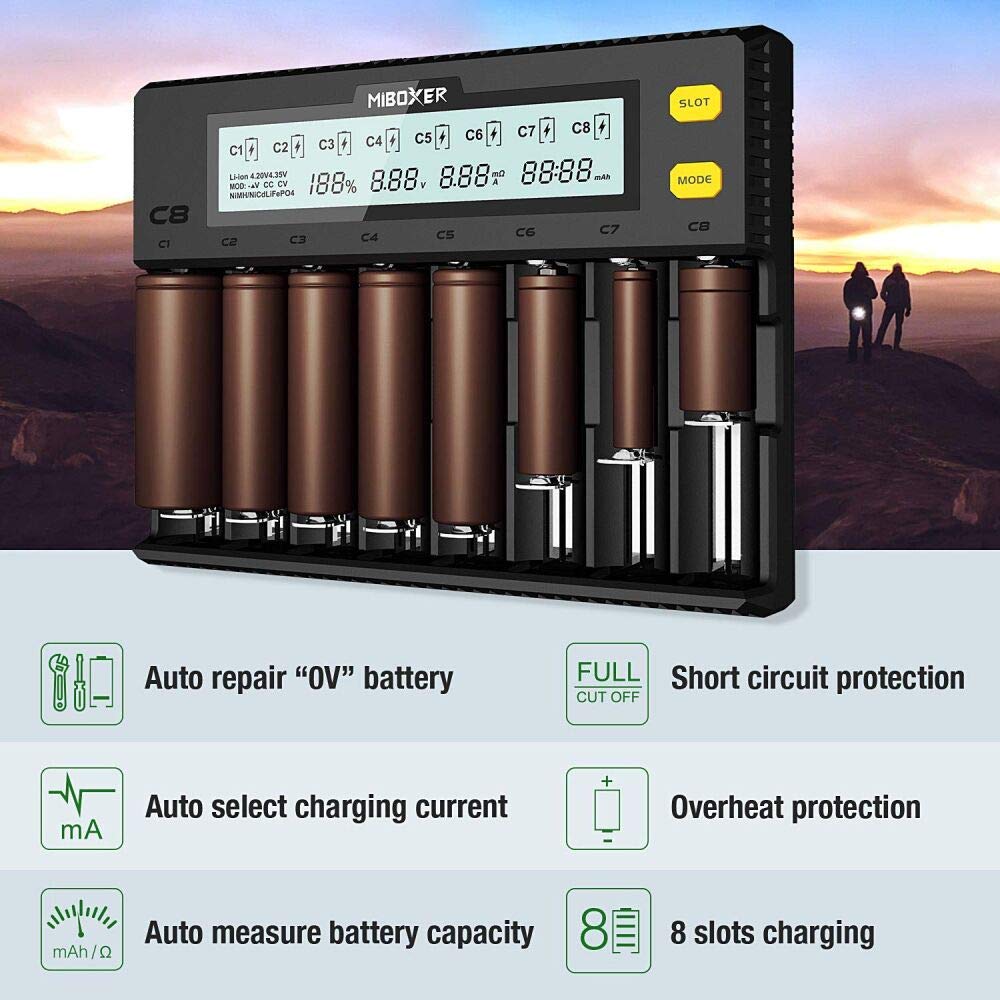 MiBOXER 8-Bay Smart Battery Charger for 18650, 21700, 26650, AA, AAA, C - Fast Charging LCD Display for Li-ion, LiFePO4, Ni-MH, Ni-Cd Batteries - Perfect for Vaping, Flashlights, and Electronic Devices