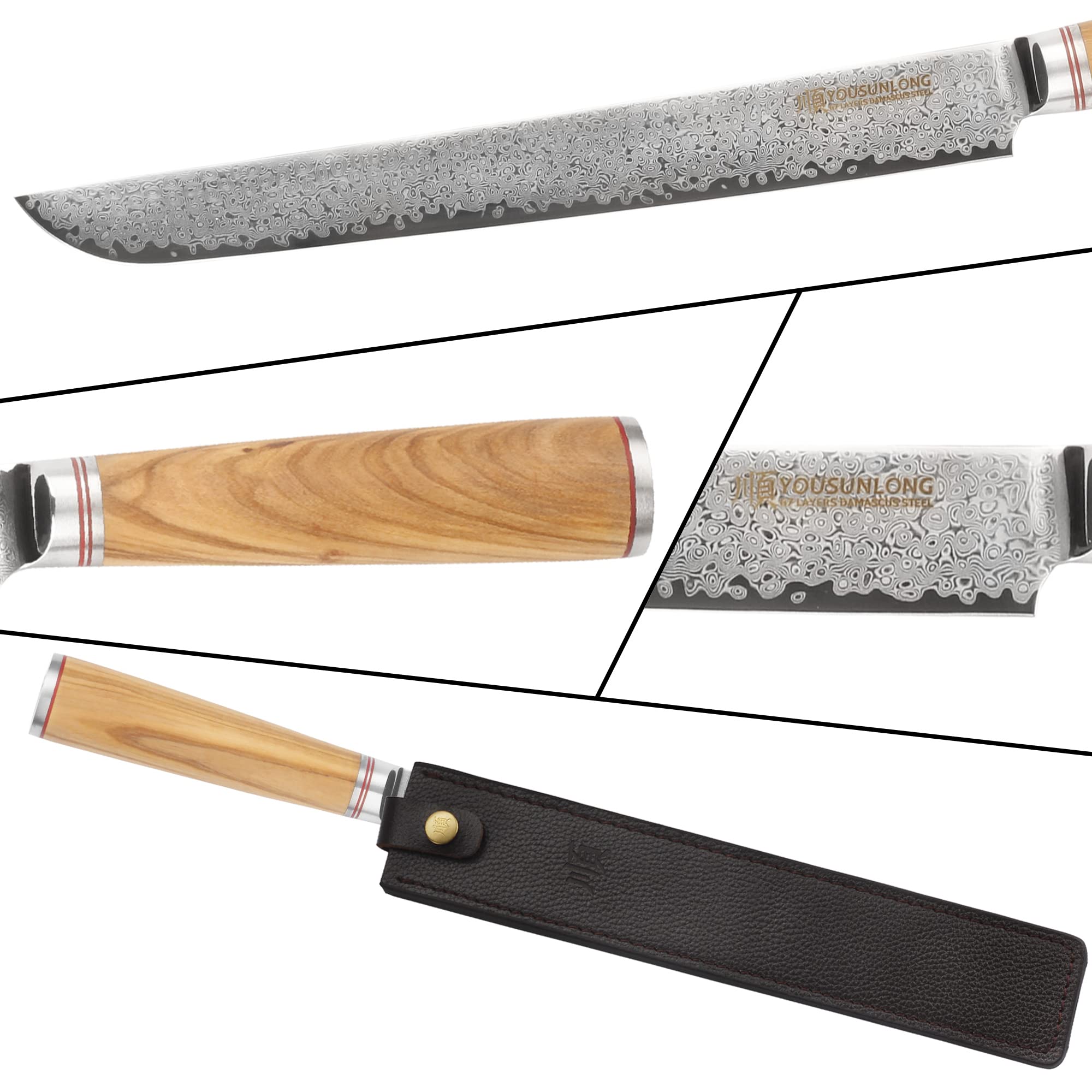 YOUSUNLONG 11 Inch Sakimaru Knife - Japanese Damascus Steel Sashimi & Sushi Knife with Hammered Finish - Professional Fillet Knife for Fish, Salmon, and Meats - Italian Olive Wood Handle & Leather Sheath - Perfect for Sushi Chefs, Home Cooking, and Gourmet Food Preparation