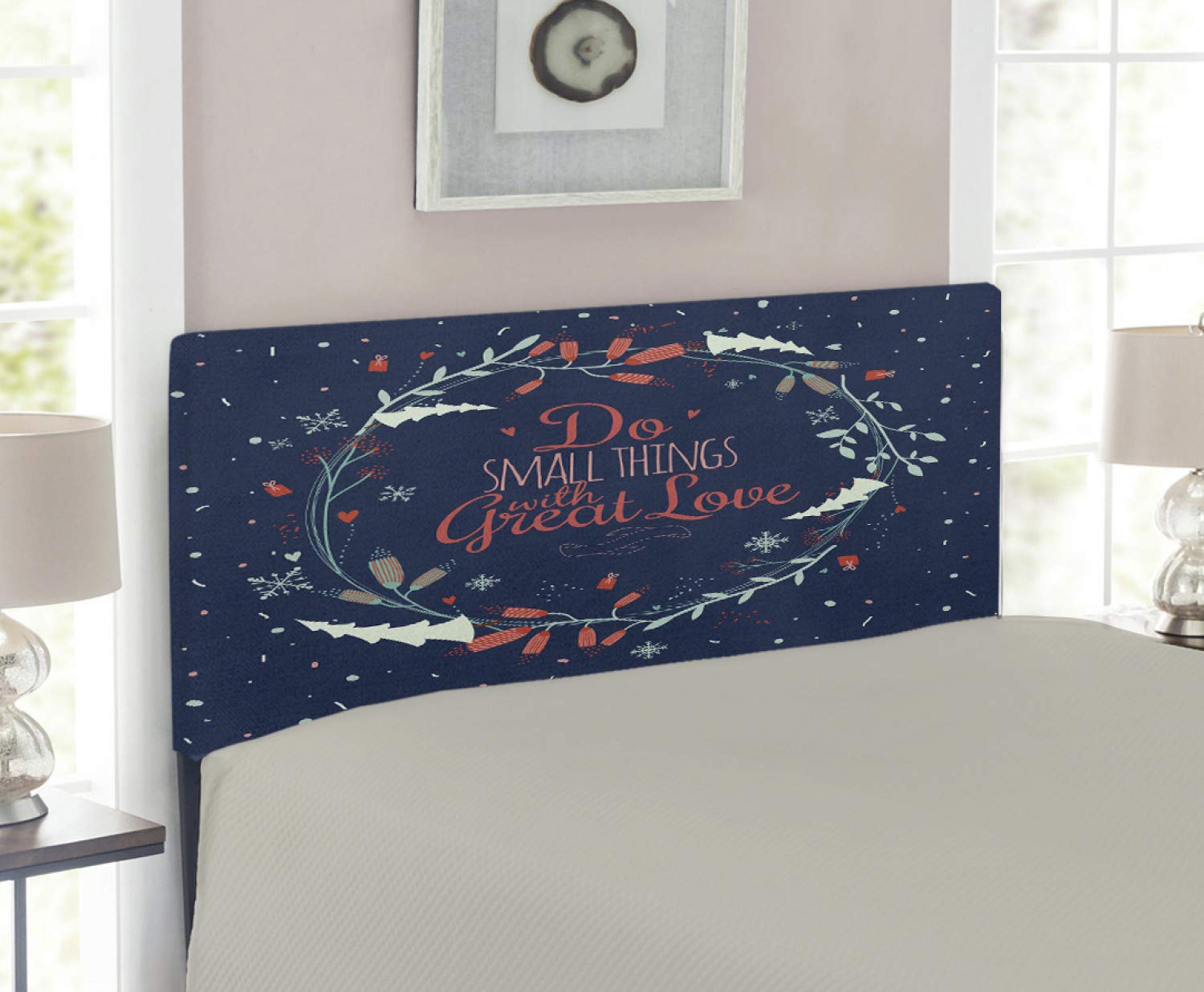 Ambesonne Romantic Floral Wreath Headboard with Laurel Leaves - Vintage Upholstered Metal Bed Headboard with Memory Foam, Twin Size in Navy, Mint Green & Red - Perfect for Bedroom Decor & Cozy Reading Nook