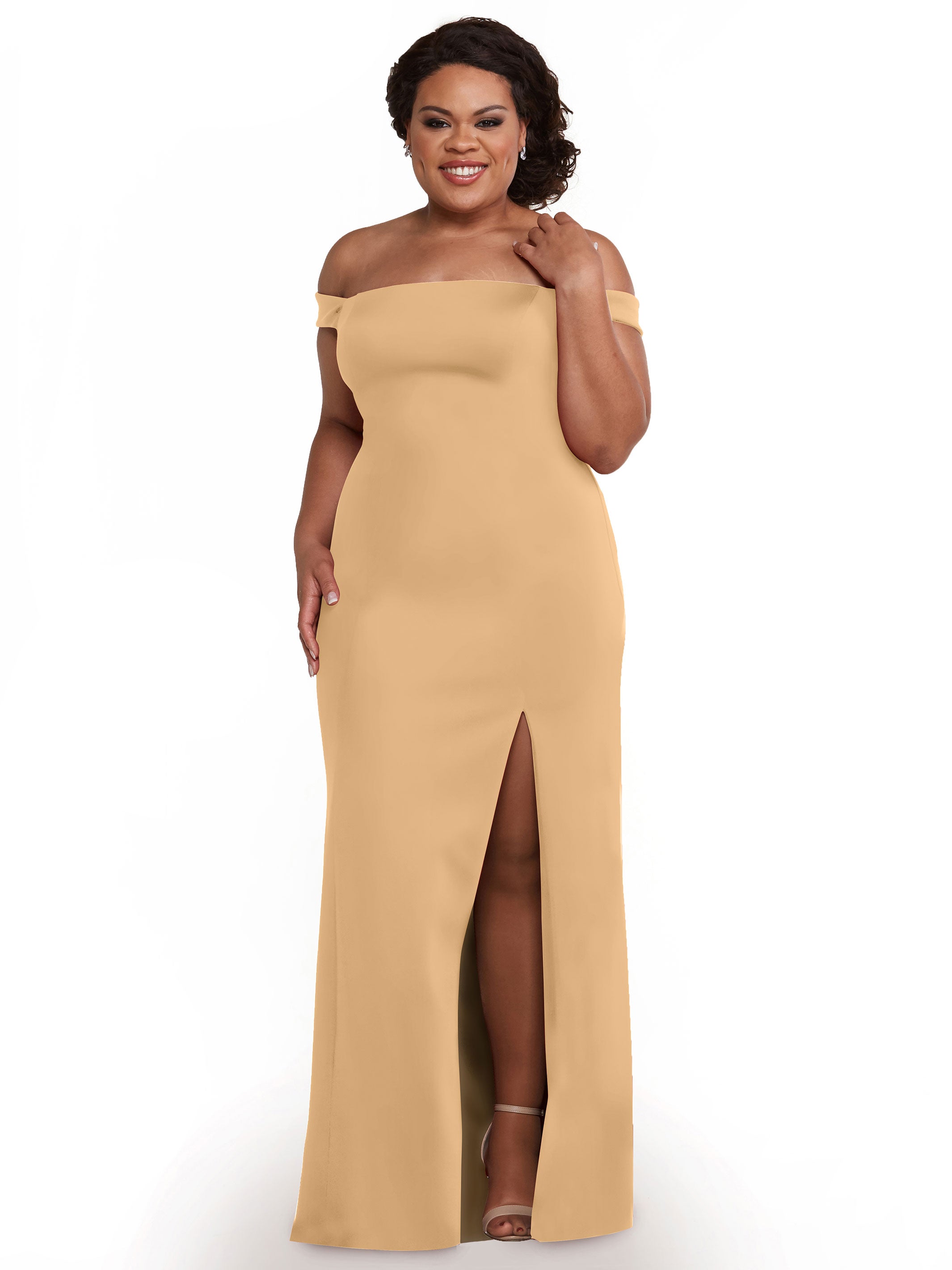 Elegant Off-the-Shoulder Double Knit Bridesmaid Dress with Thigh Slit - Perfect for Weddings, Prom & Formal Events
