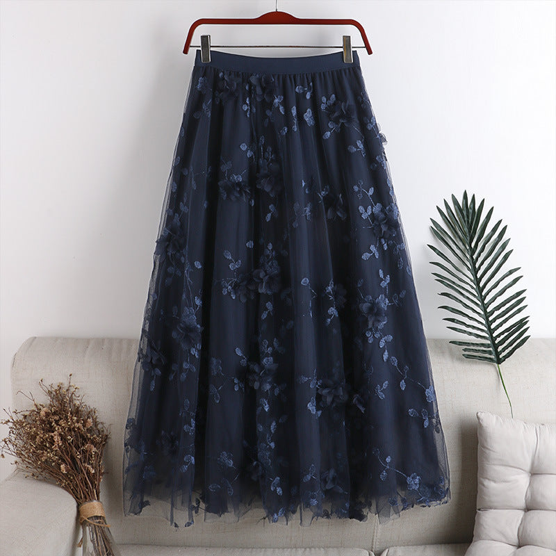High Waist Mesh A-Line Skirt with 3D Embroidery Flowers - Flowy Midi Swing Skirt for Women - Perfect for Summer Outfits, Beach Vacations & Boho Fashion